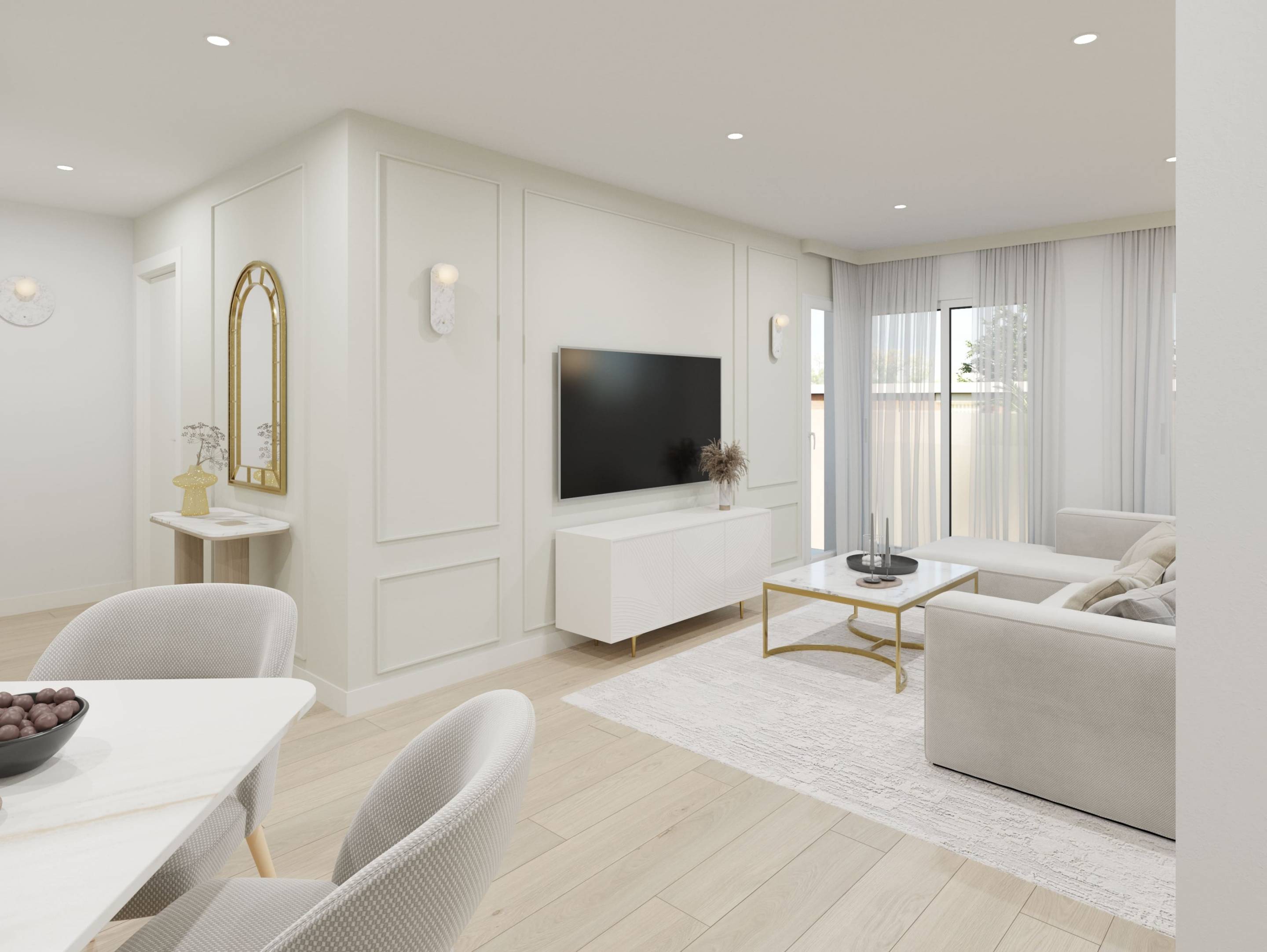 Porcelain tile flooring in living room, new-build apartment, Pueblo