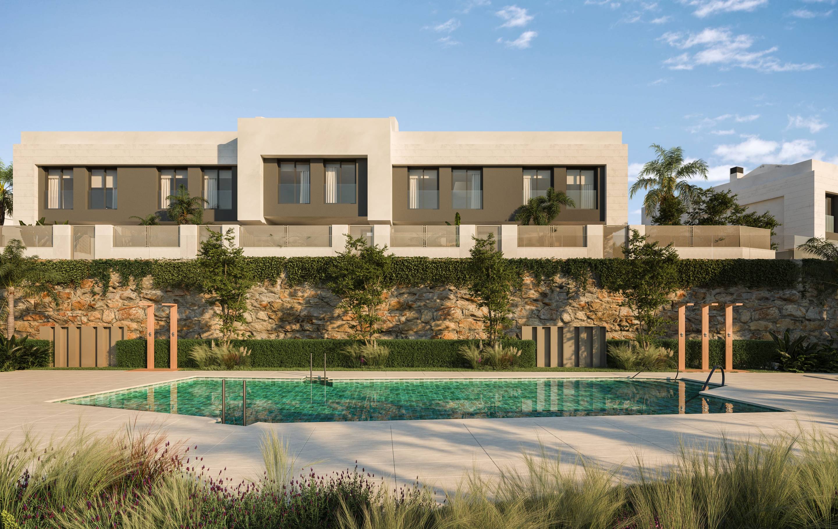 Communal garden pathway in new-build development, Torrenueva, Mijas