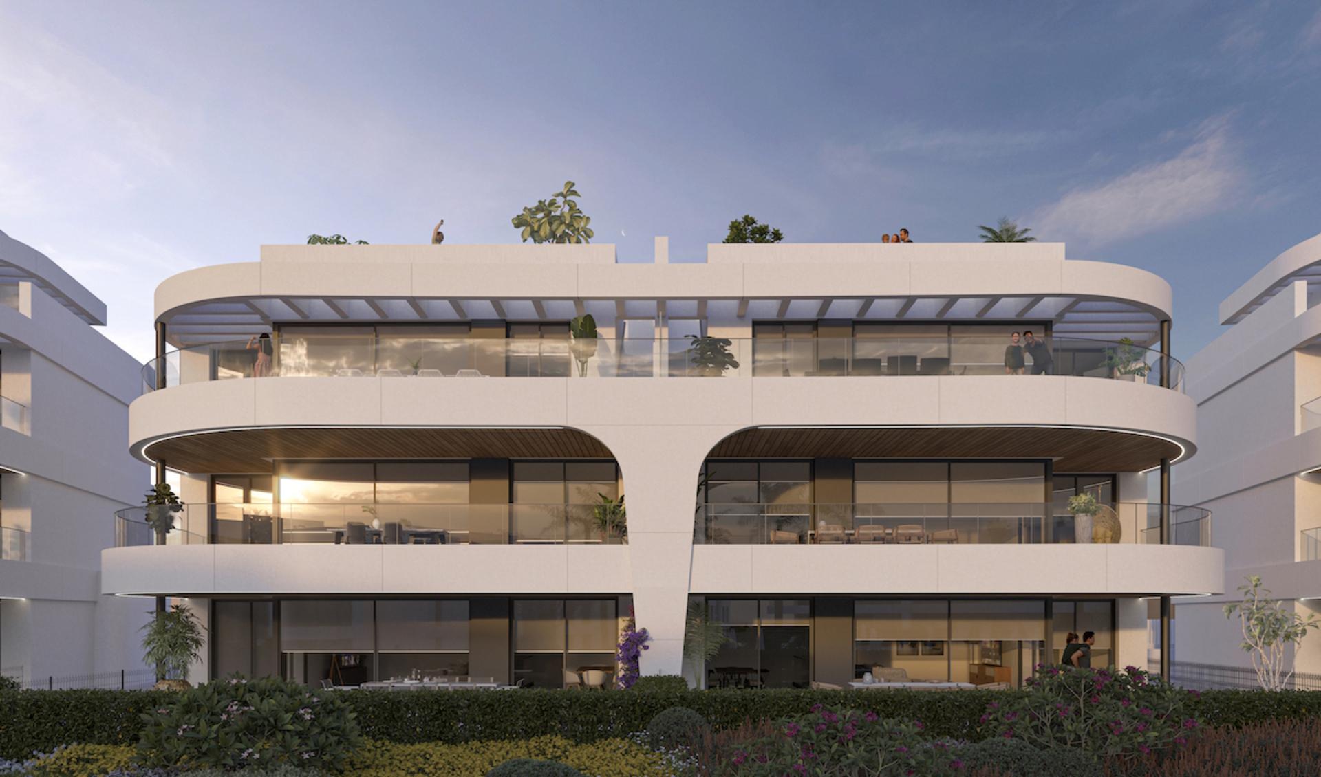 Open-plan living and dining area with porcelain flooring in 3-bedroom new-build apartment, Nueva Atalaya