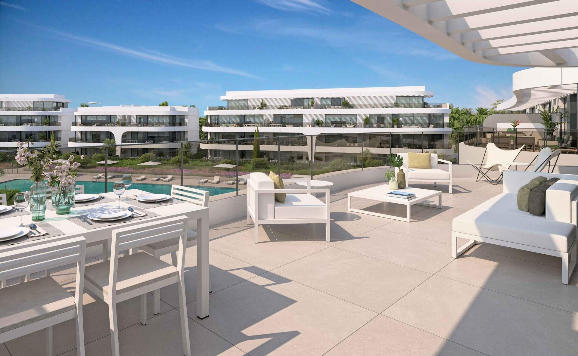 Evening exterior of new-build residential complex, Nueva Atalaya, Estepona
