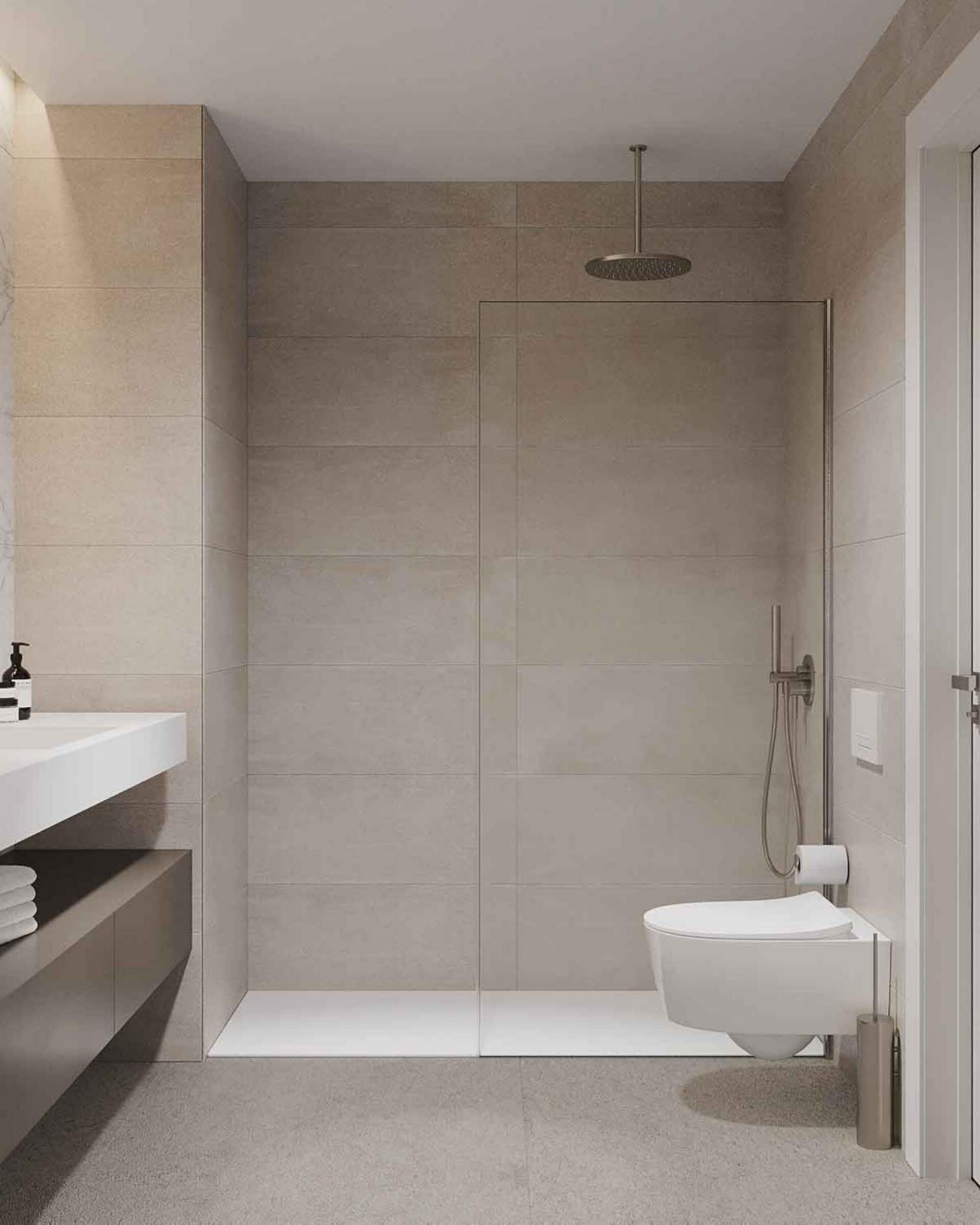 Bathroom with contemporary tiling and fittings in new-build apartment, Nueva Atalaya