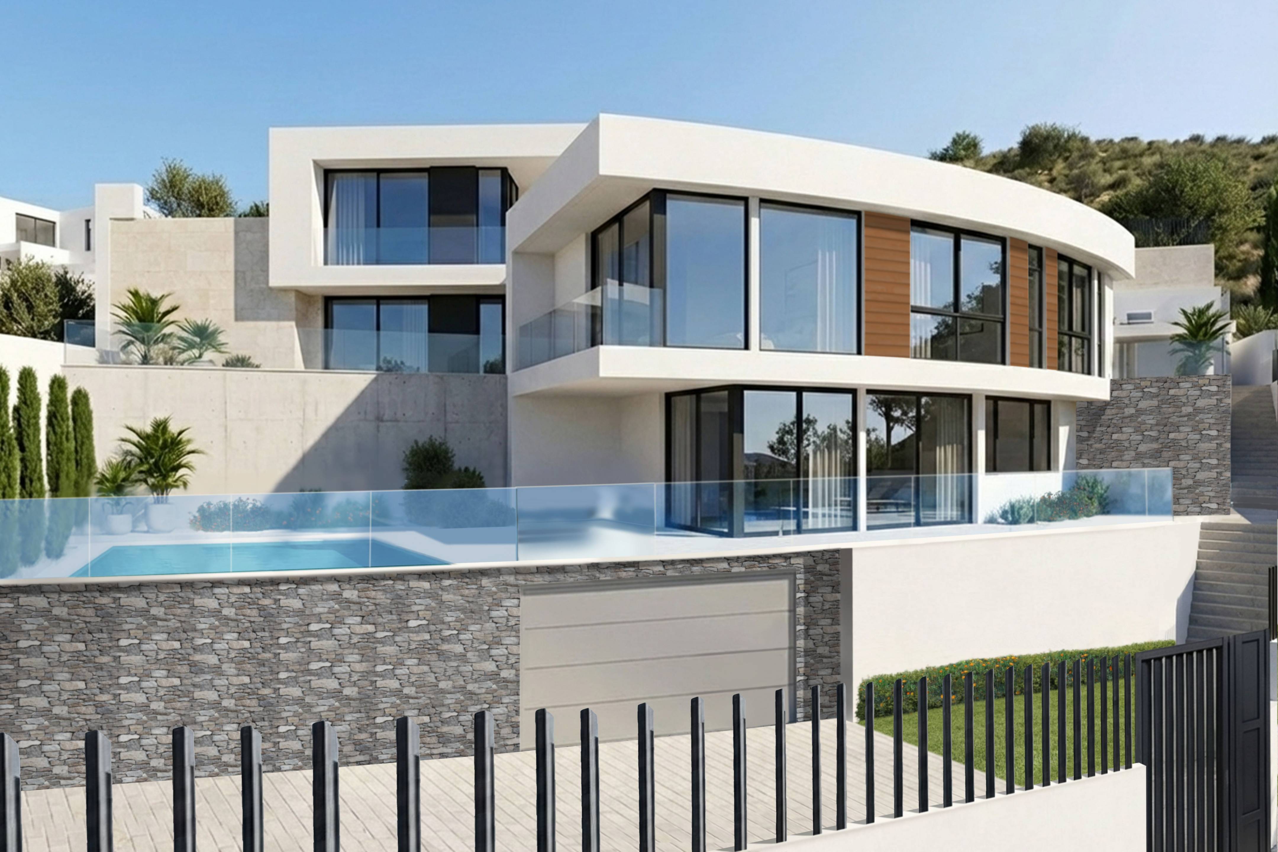 Front facade of new-build villa in Rincón de Loix, Benidorm, showing entrance and driveway