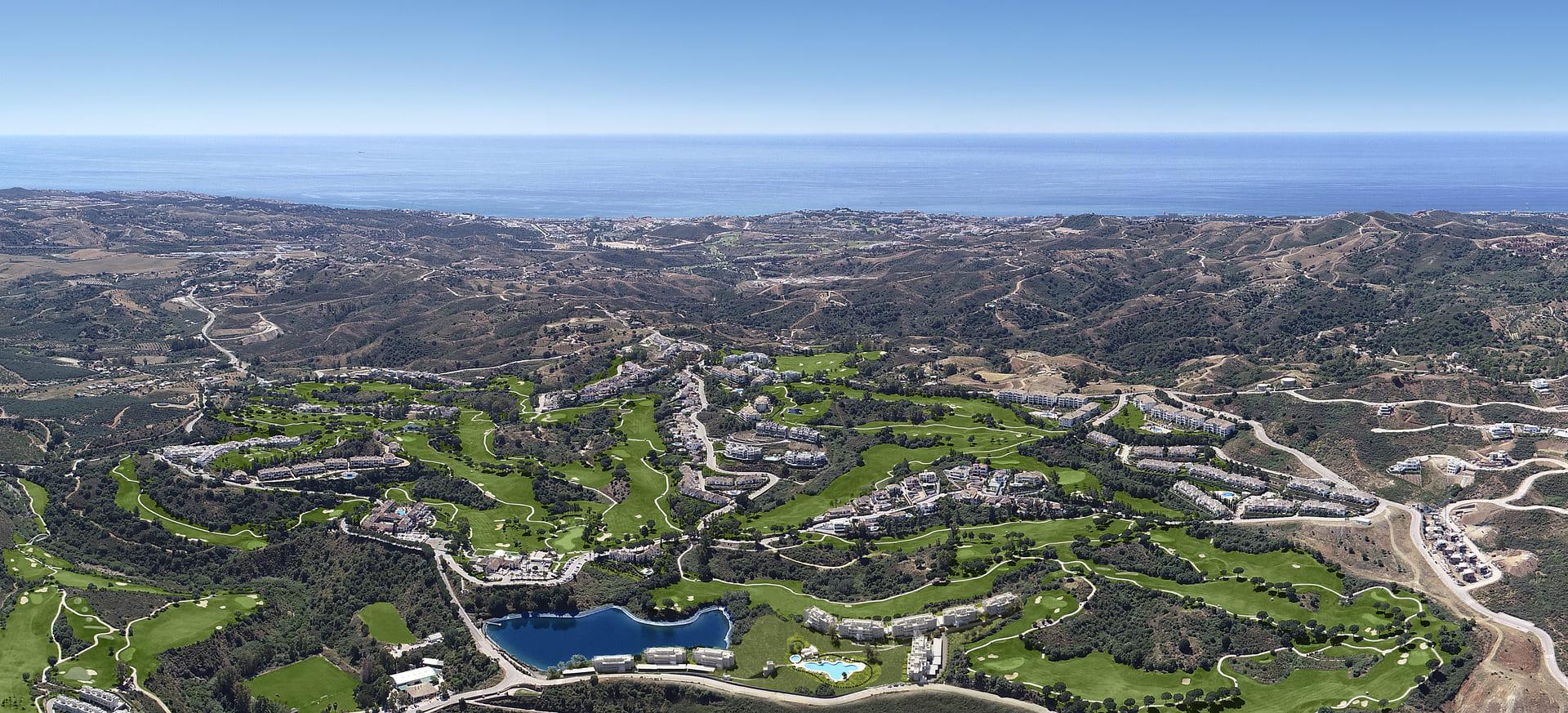 Communal pool viewed from penthouse terrace, new-build development, La Cala Golf