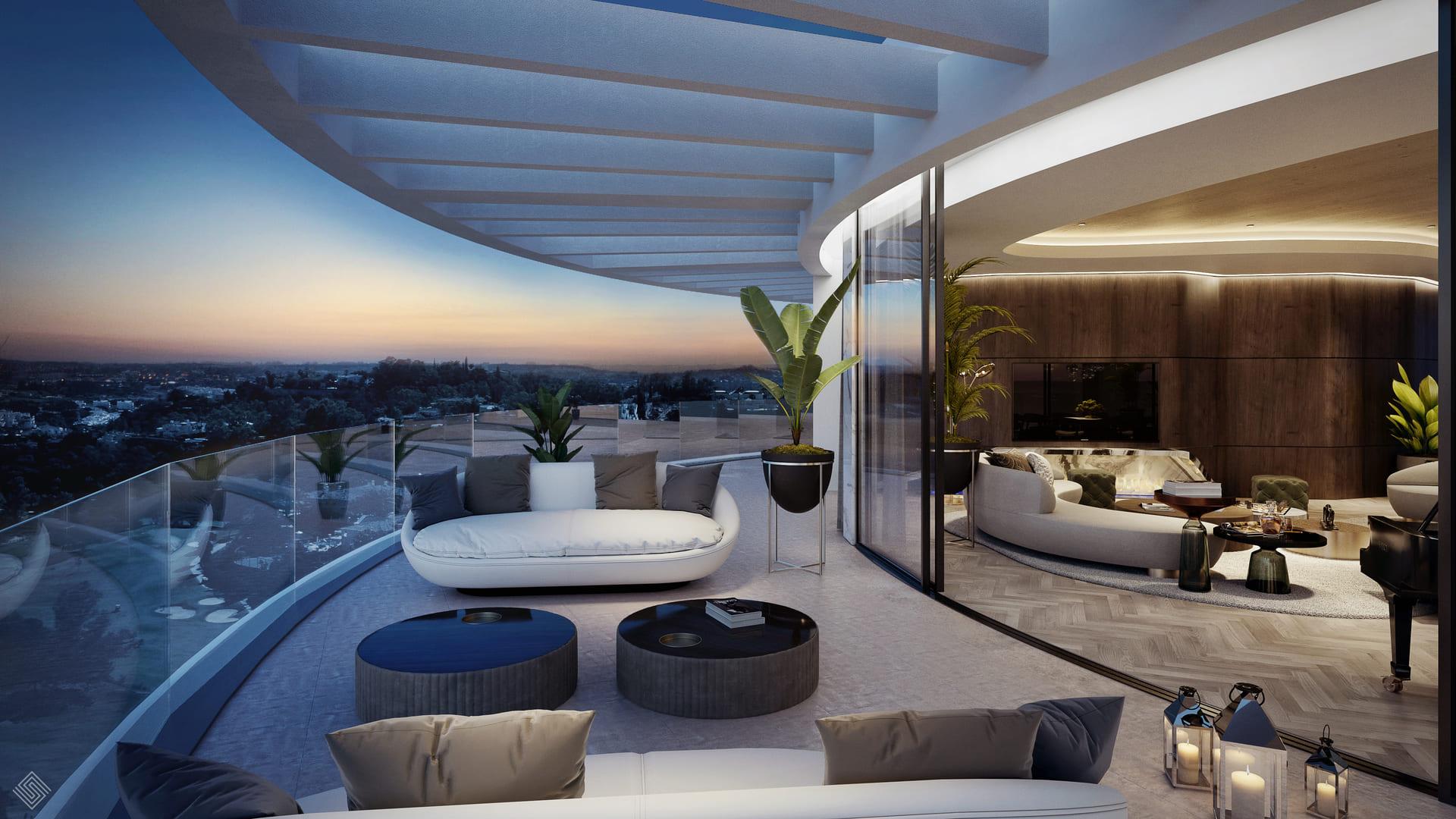 Communal pool terrace with sun loungers at residential development, La Quinta, Benahavis