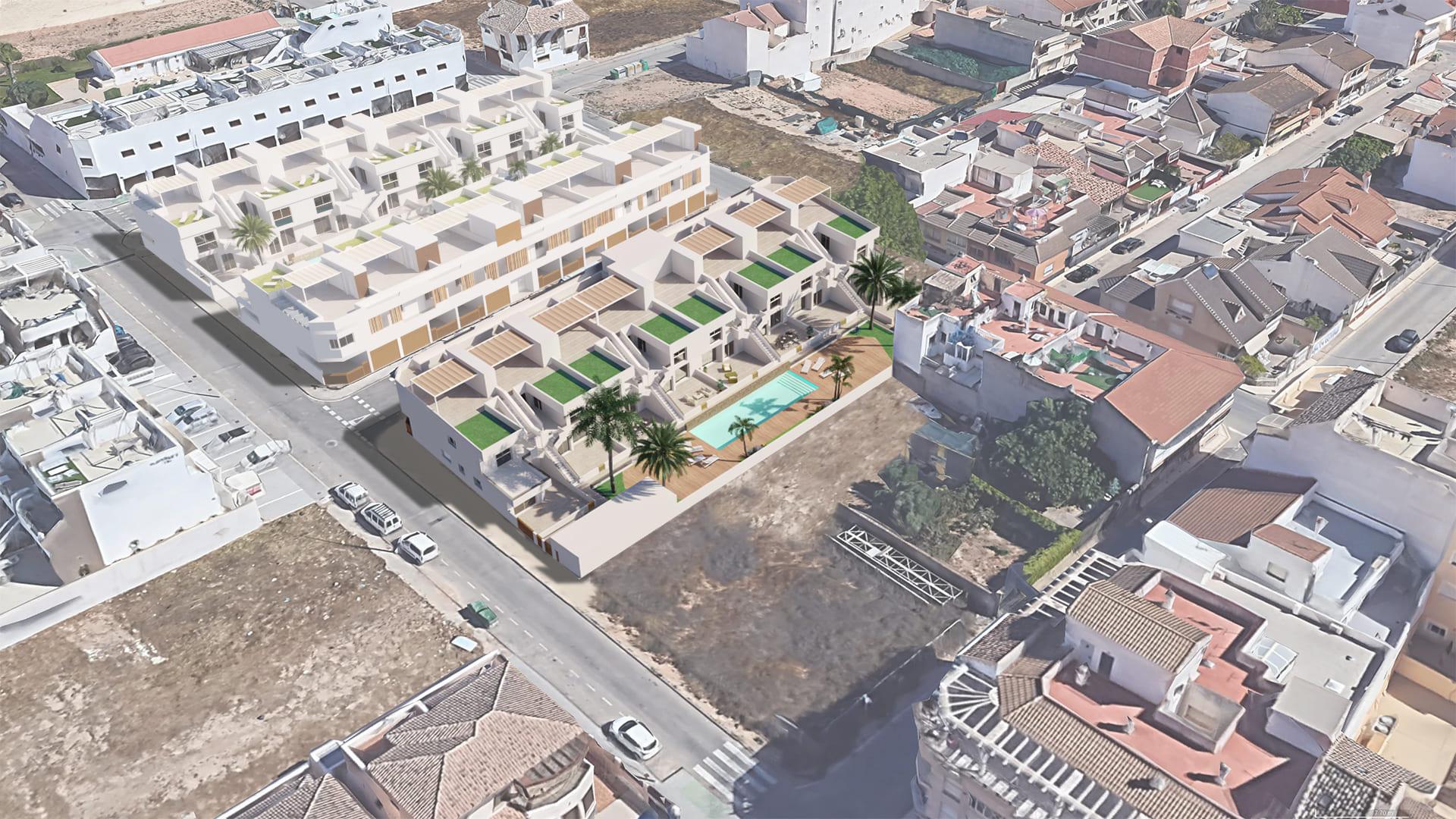 Exterior elevation of individual new-build bungalow unit, Zona Pueblo
