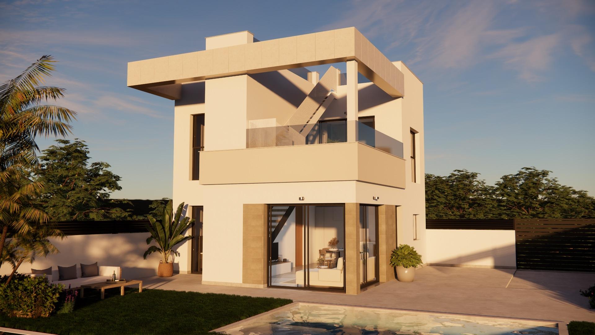 Pool area with garden planting at new-build villa, Desamparados, Orihuela