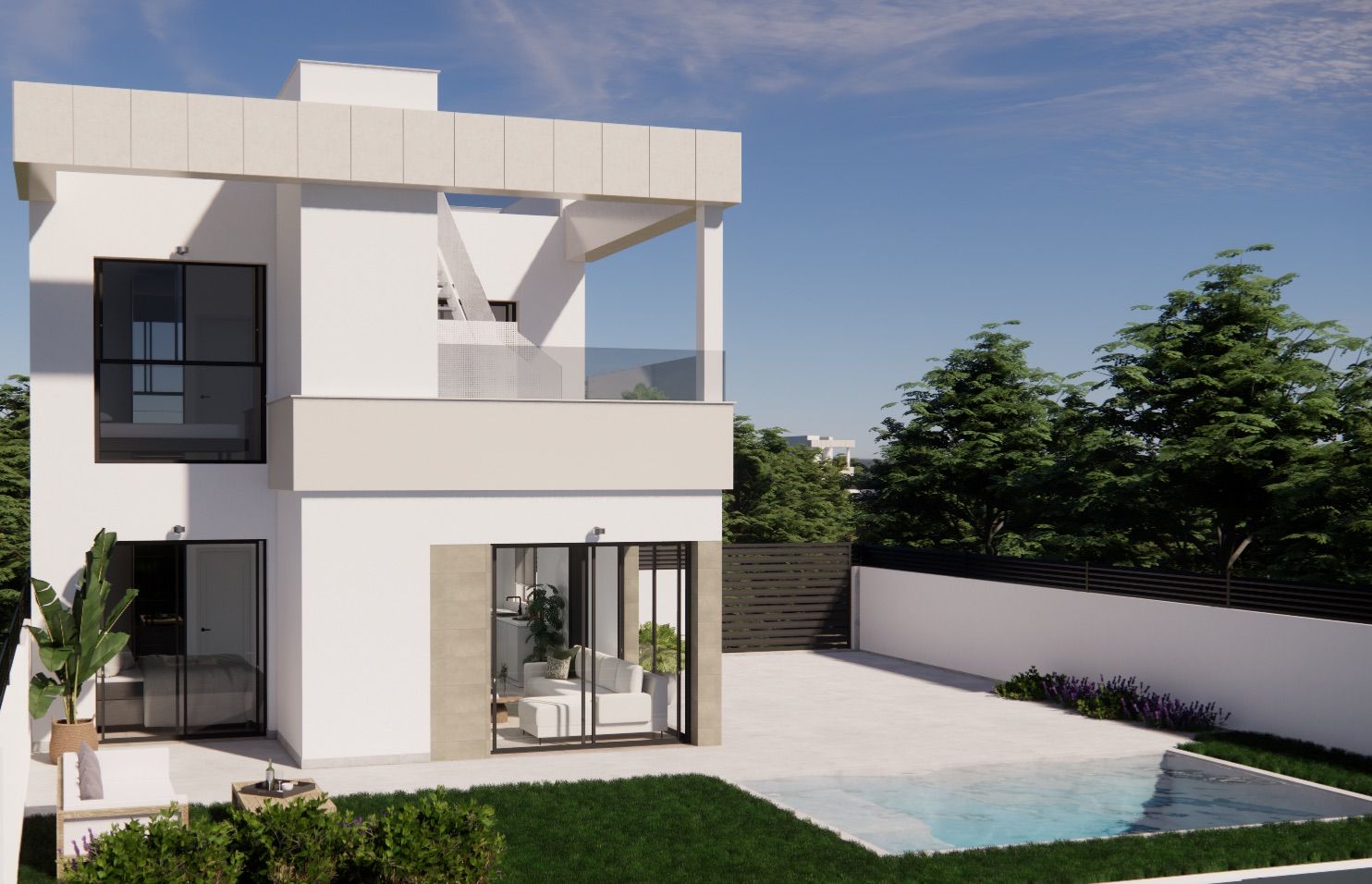 Close-up of pool surround and terrace paving, new-build villa, Desamparados, Orihuela