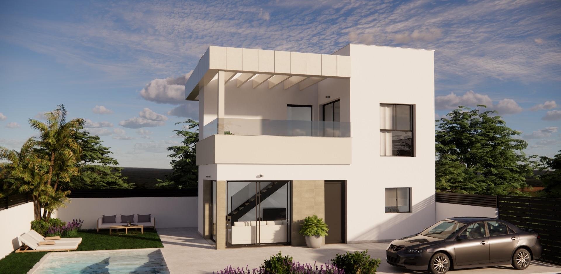 Terrace area with garden views at new-build villa in Desamparados, Orihuela