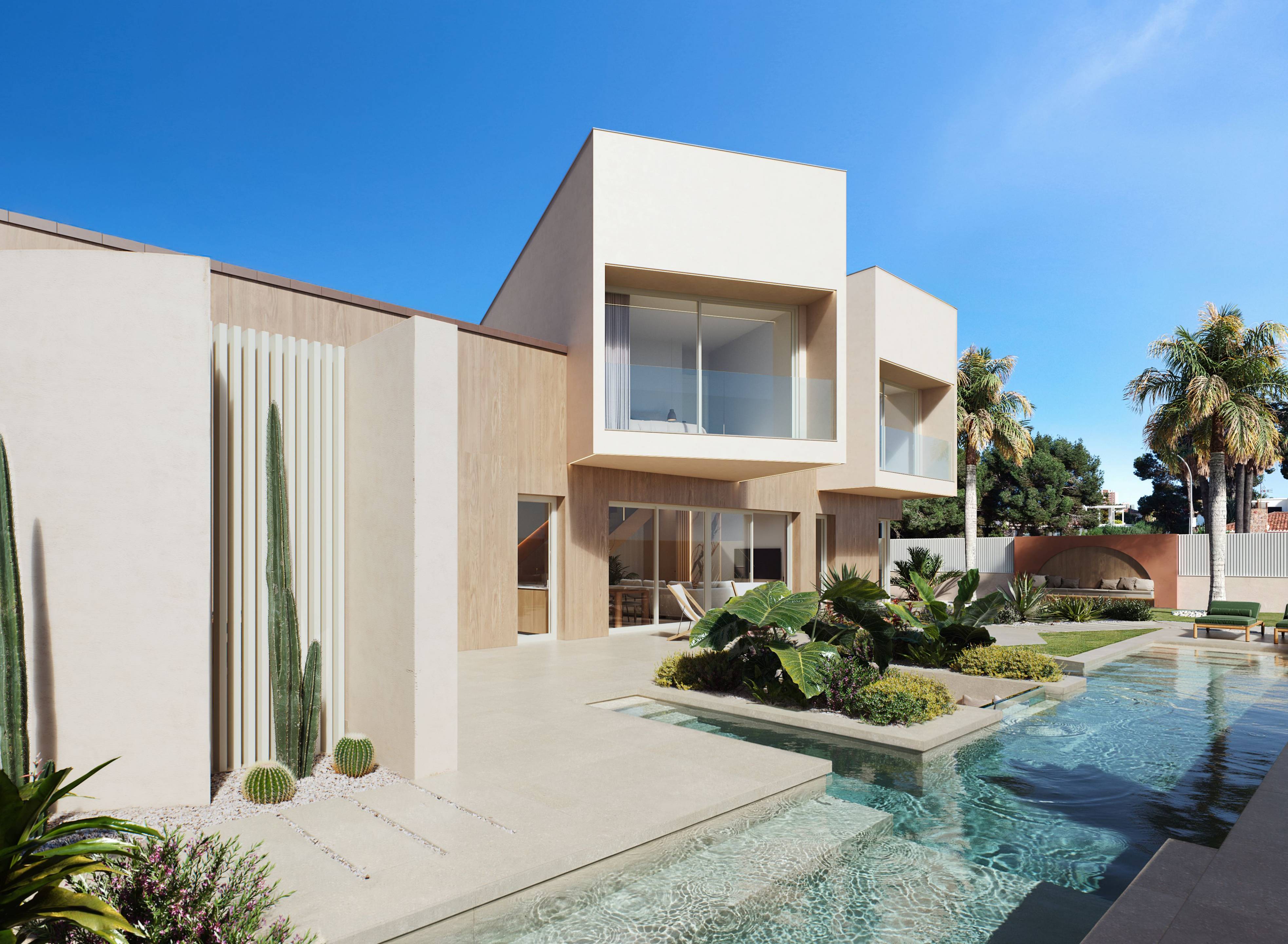 Planted border and perimeter wall at garden level, new-build villa, Altos de Campoamor