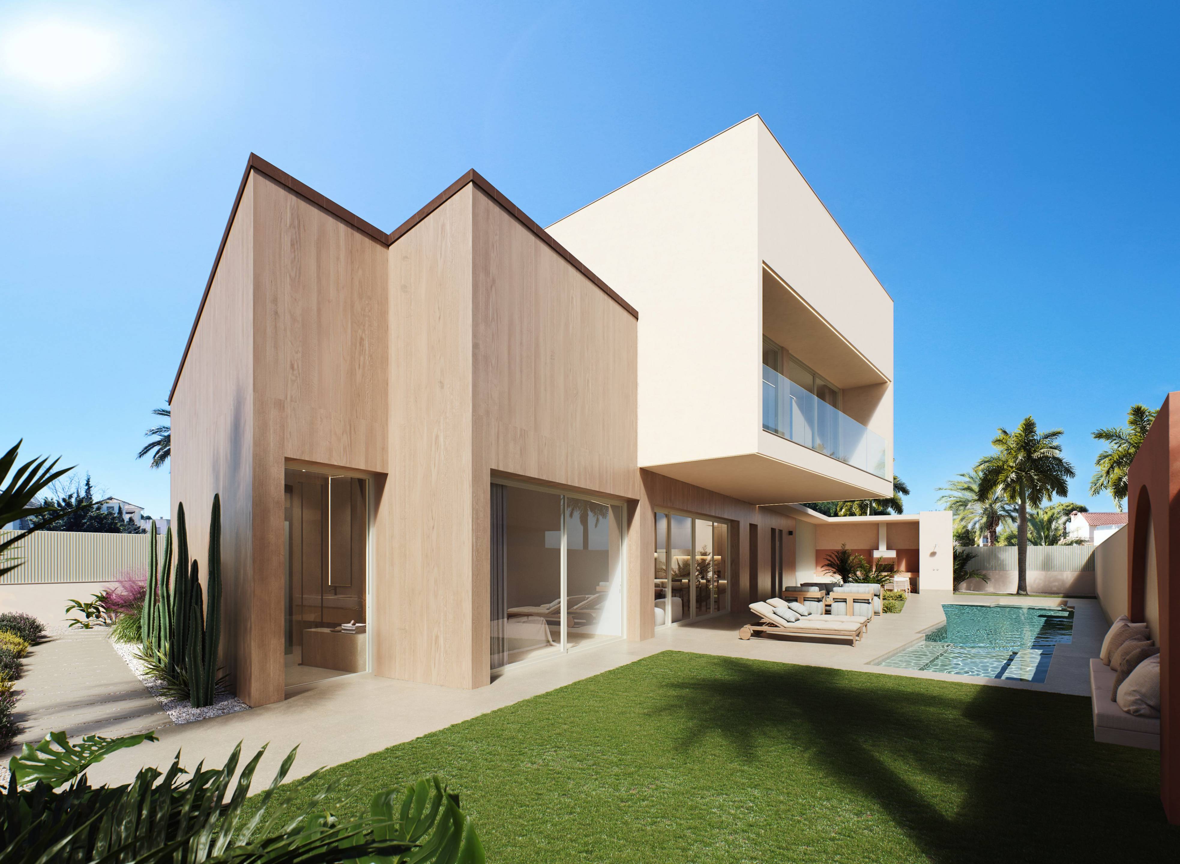 Corner exterior of 247m2 new-build villa showing two elevations, Altos de Campoamor