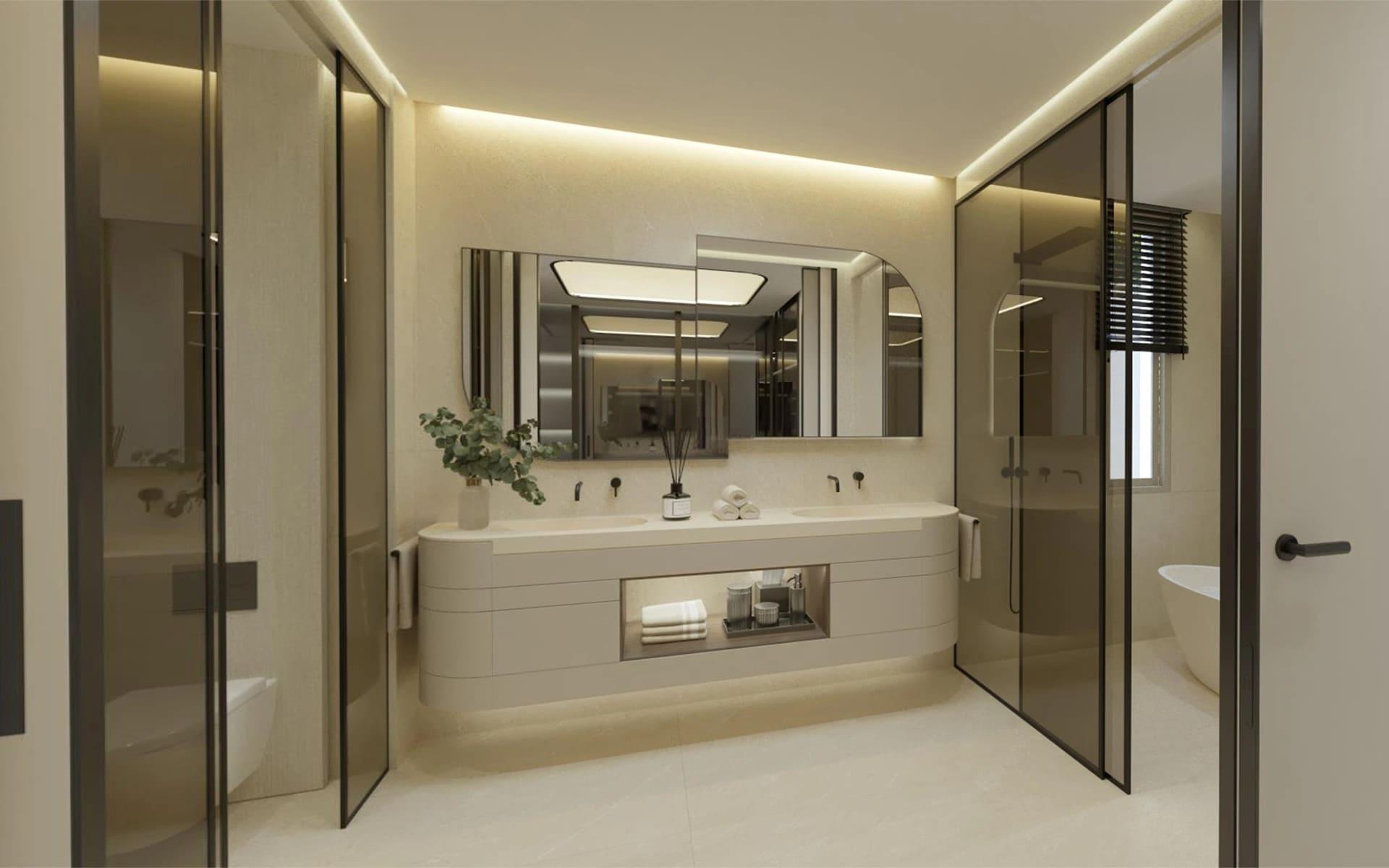 Bathroom with modern fittings and tiled walls in penthouse, Santa Clara, Marbella