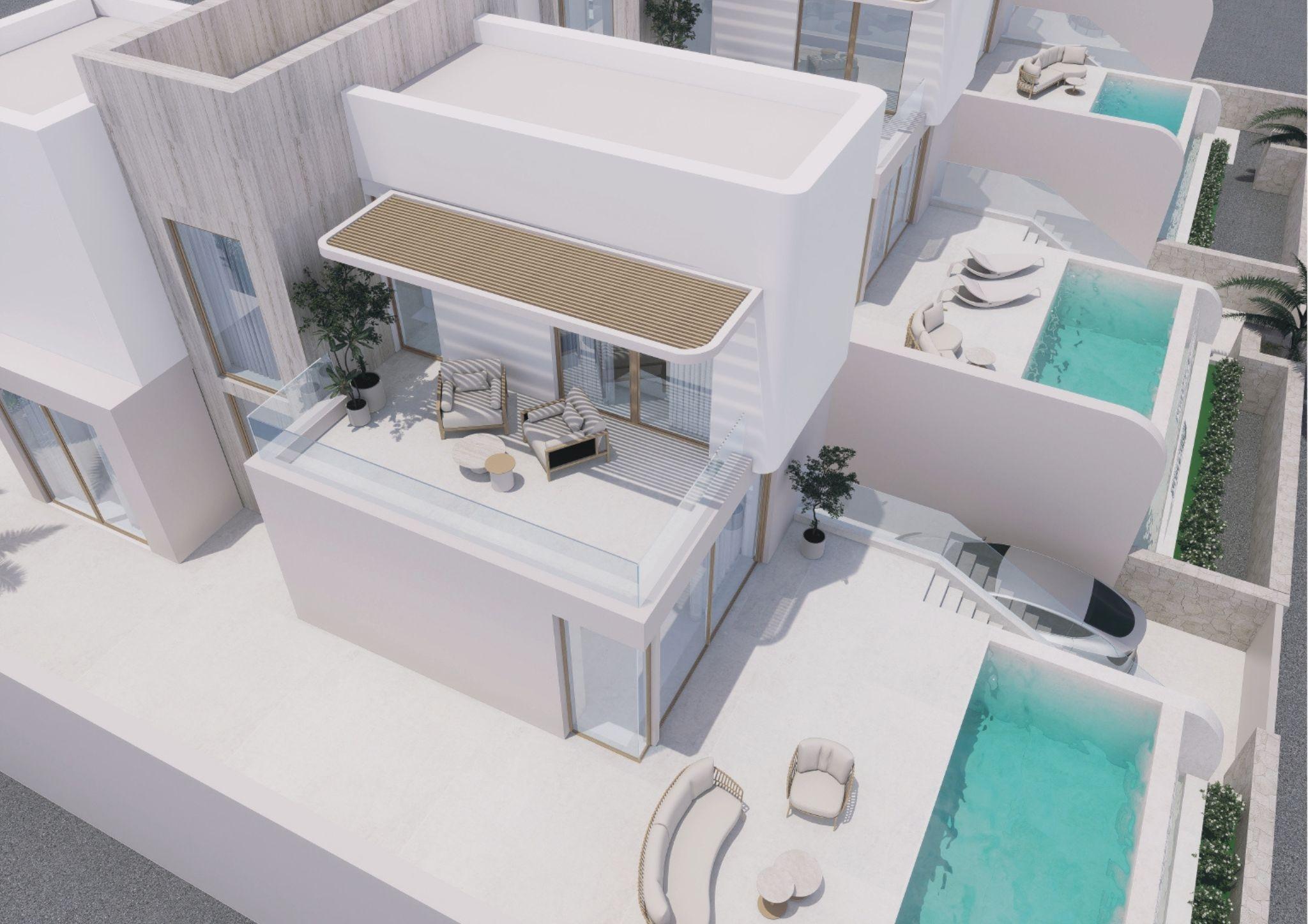 Front elevation of 3-bedroom new-build villa in Algorfa showing entrance door and private garage