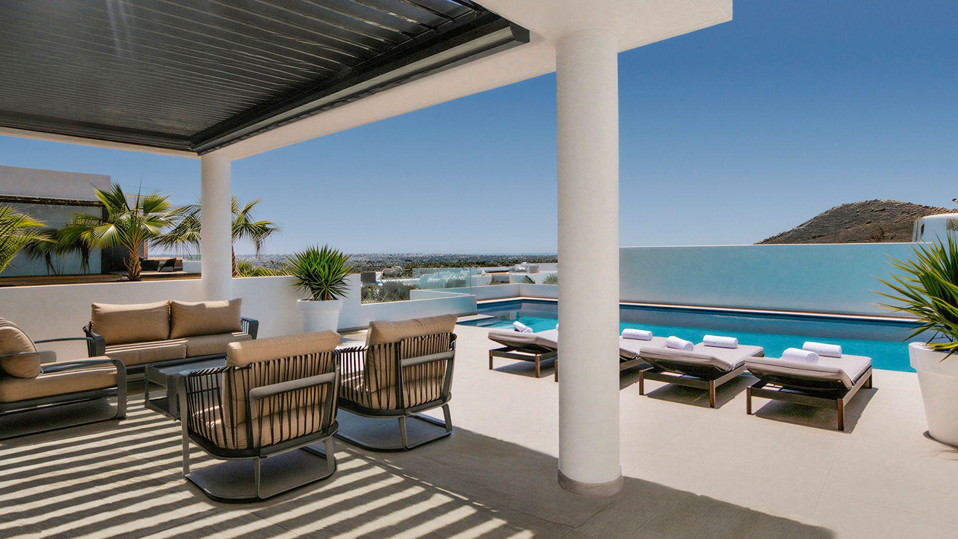 Pool area at dusk in new-build villa, Ciudad Quesada, Rojales
