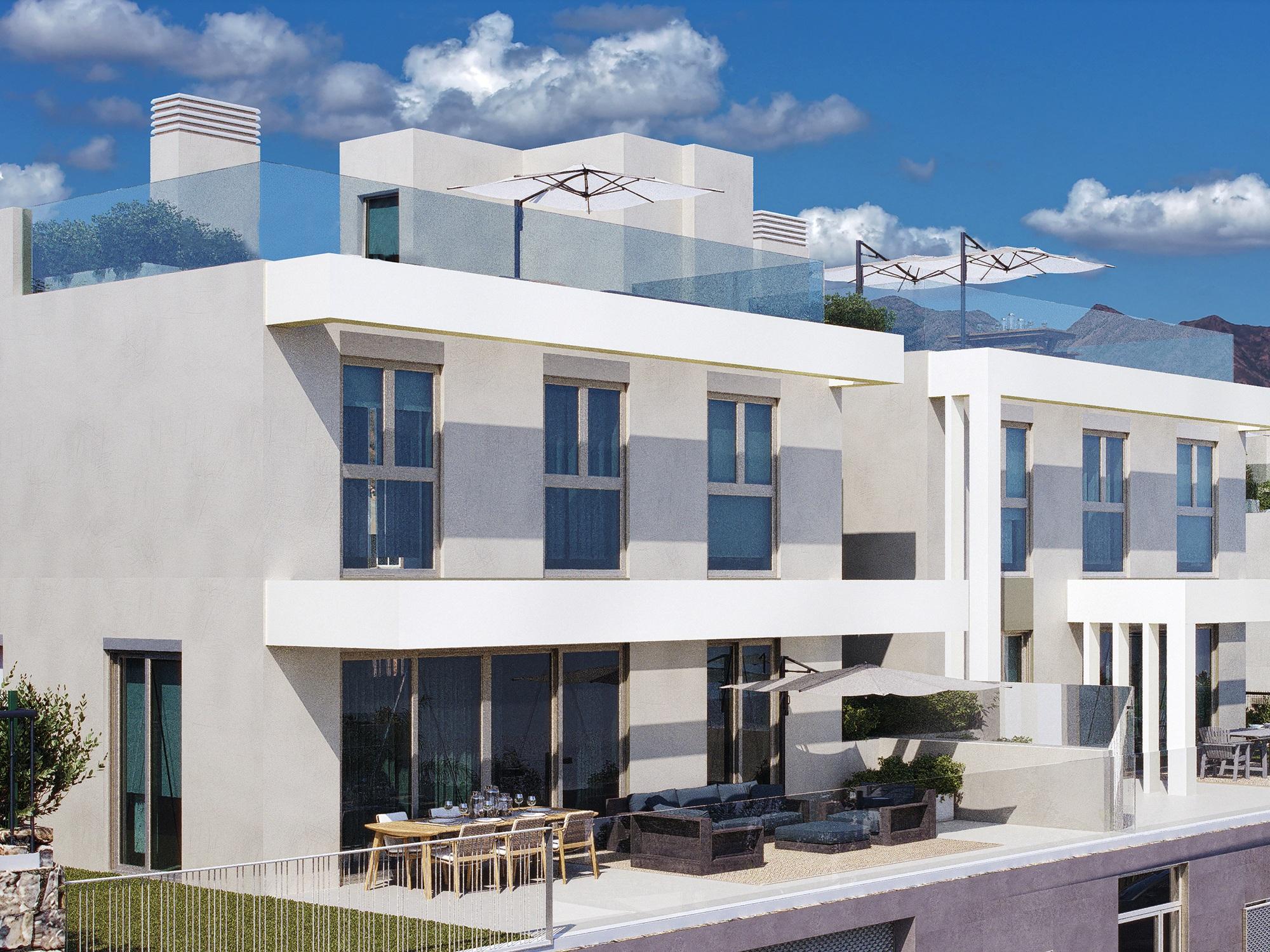Exterior facade and entrance of new-build townhouse, Riviera del Sol, Mijas