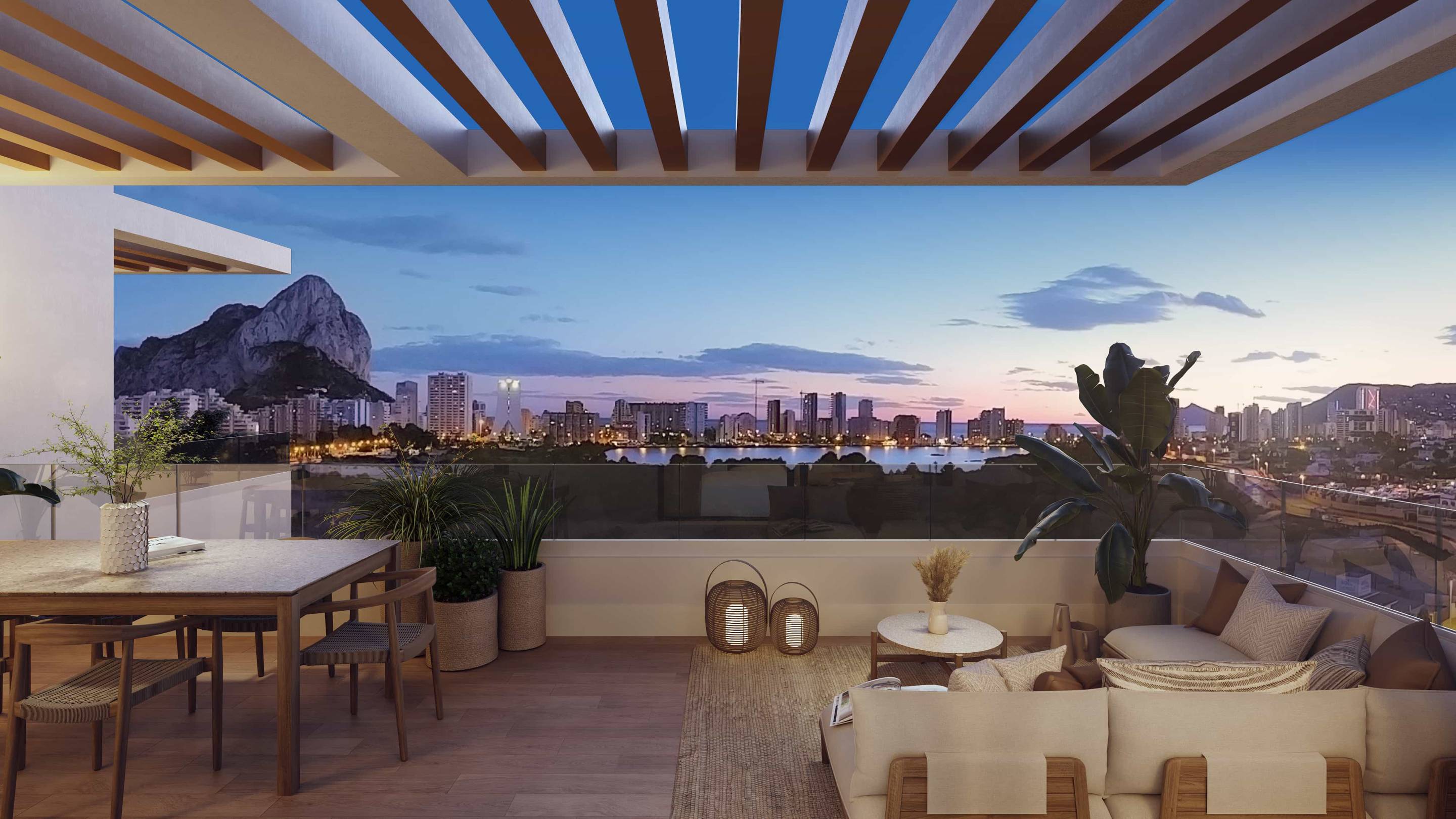 Open-plan living room with ceramic flooring in 3-bedroom new-build apartment, Playa de Fossa-Levante, Calpe