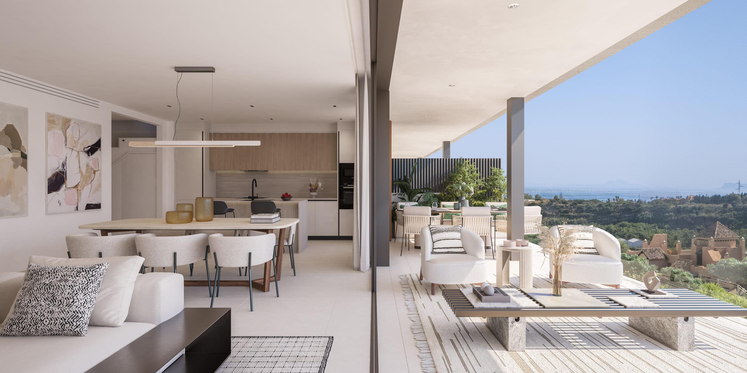 Terrace seating area overlooking the coast, new-build apartment, Cancelada