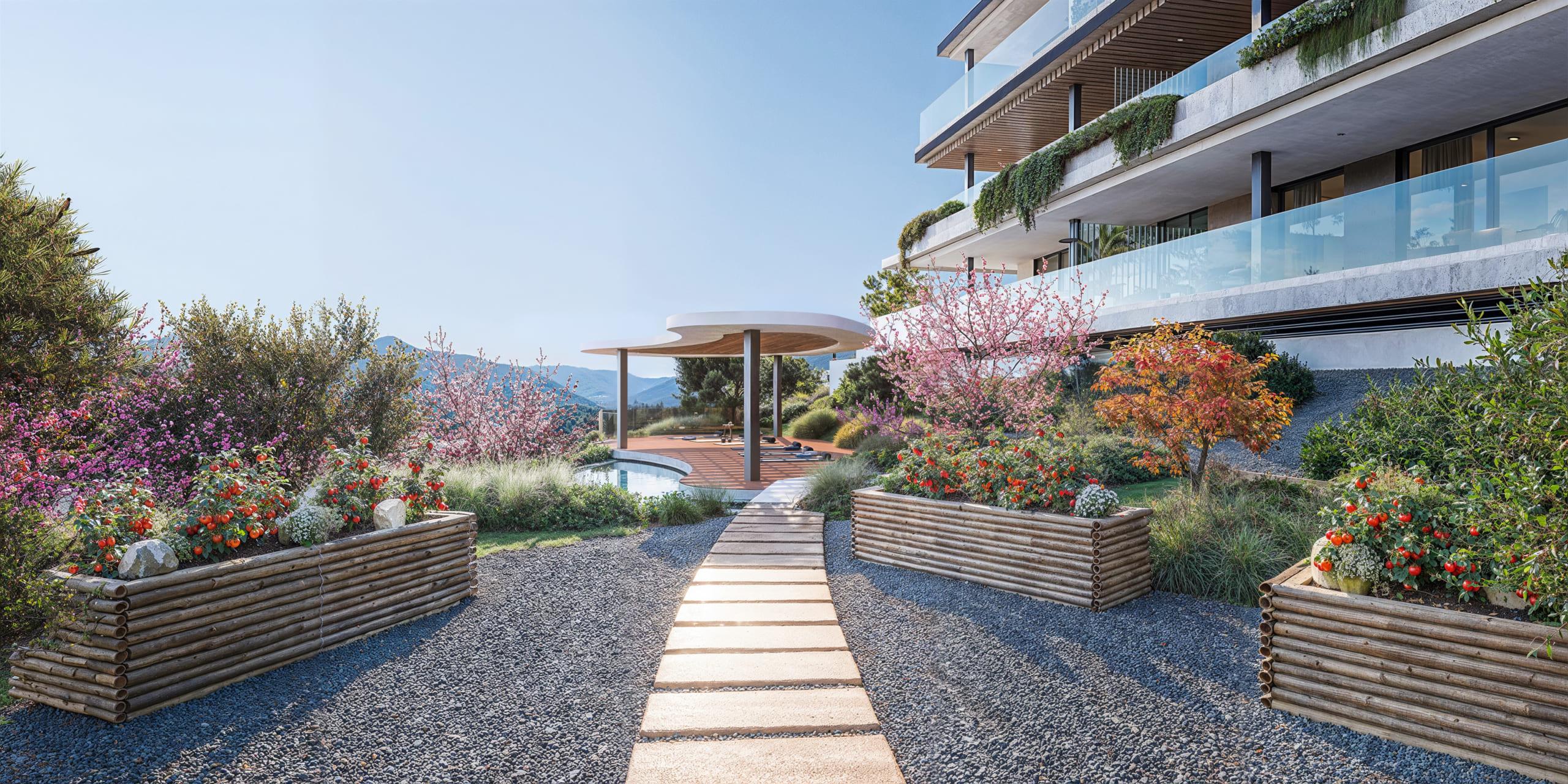 Landscaped exterior grounds of residential complex, Cancelada, Nueva Milla de Oro