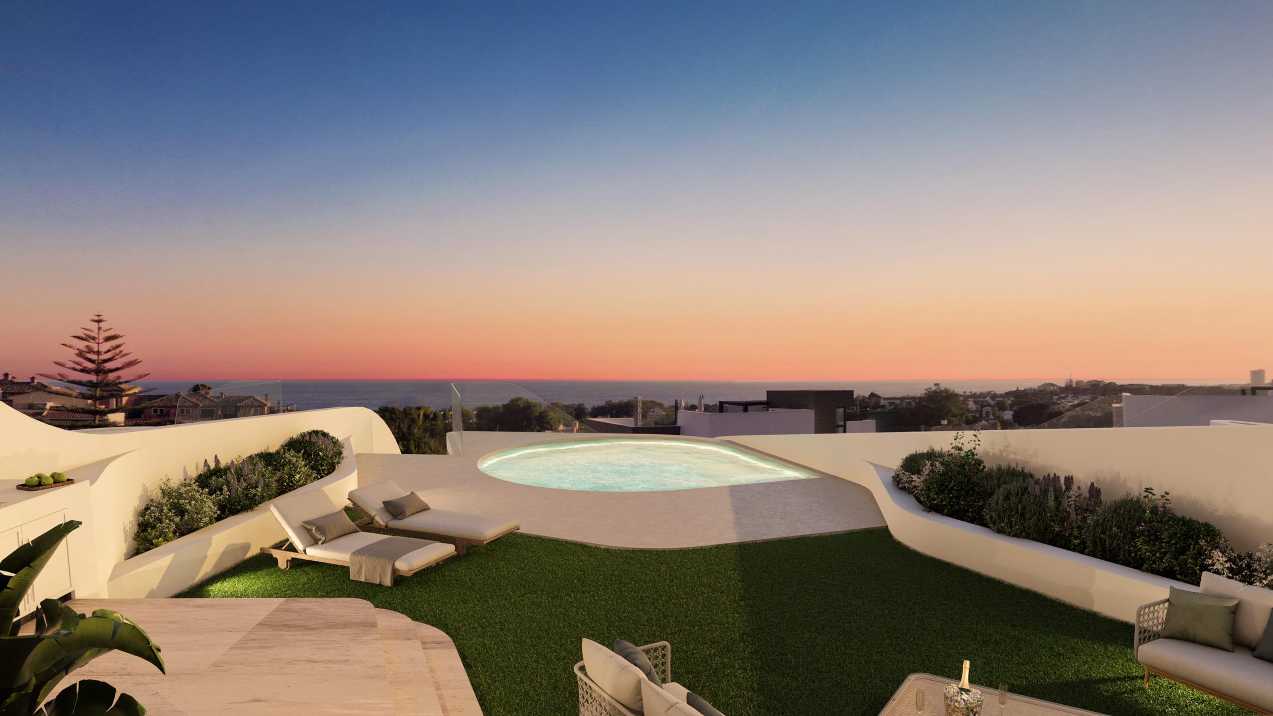Communal pool area of new-build complex, La Reserva de Marbella, Marbella