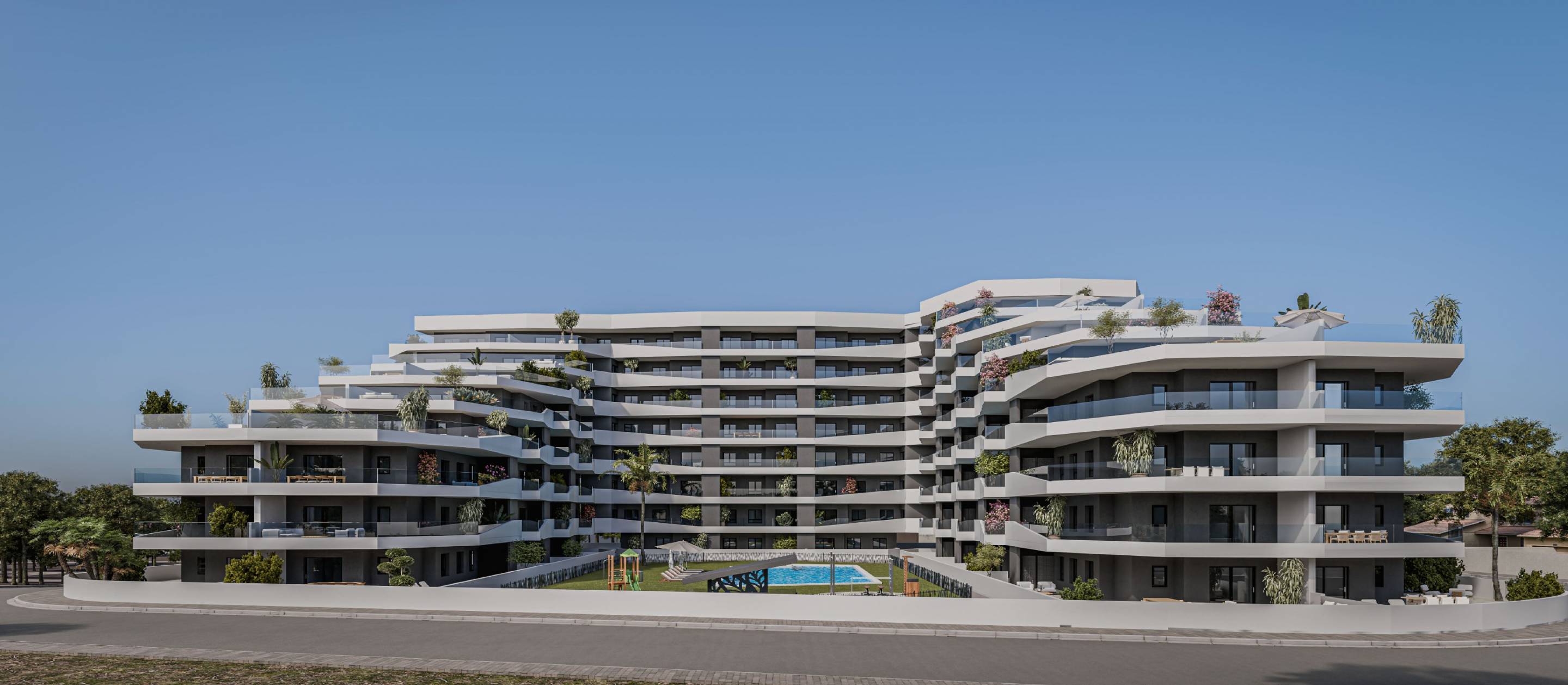 Exterior facade of new-build apartment block, Pueblo 9