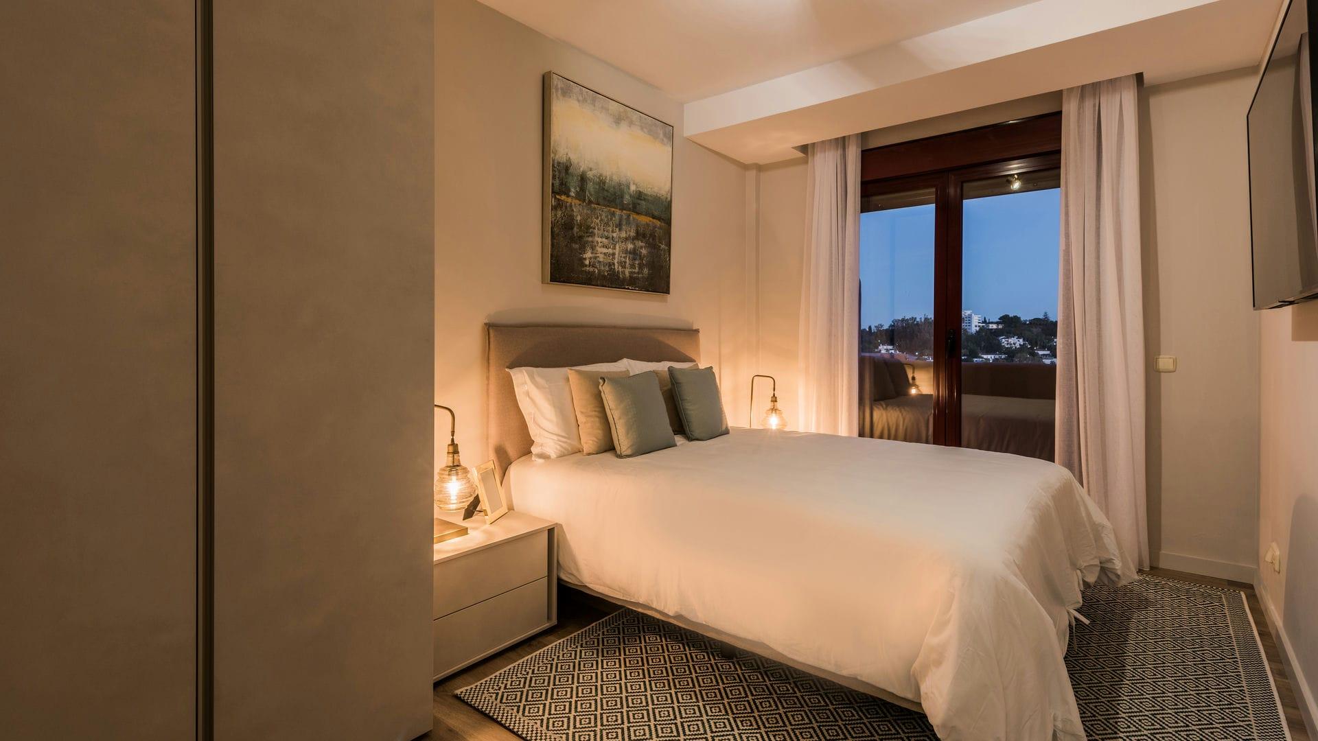 Landscaped communal gardens with planted areas in resort development, Cortés, Benahavis