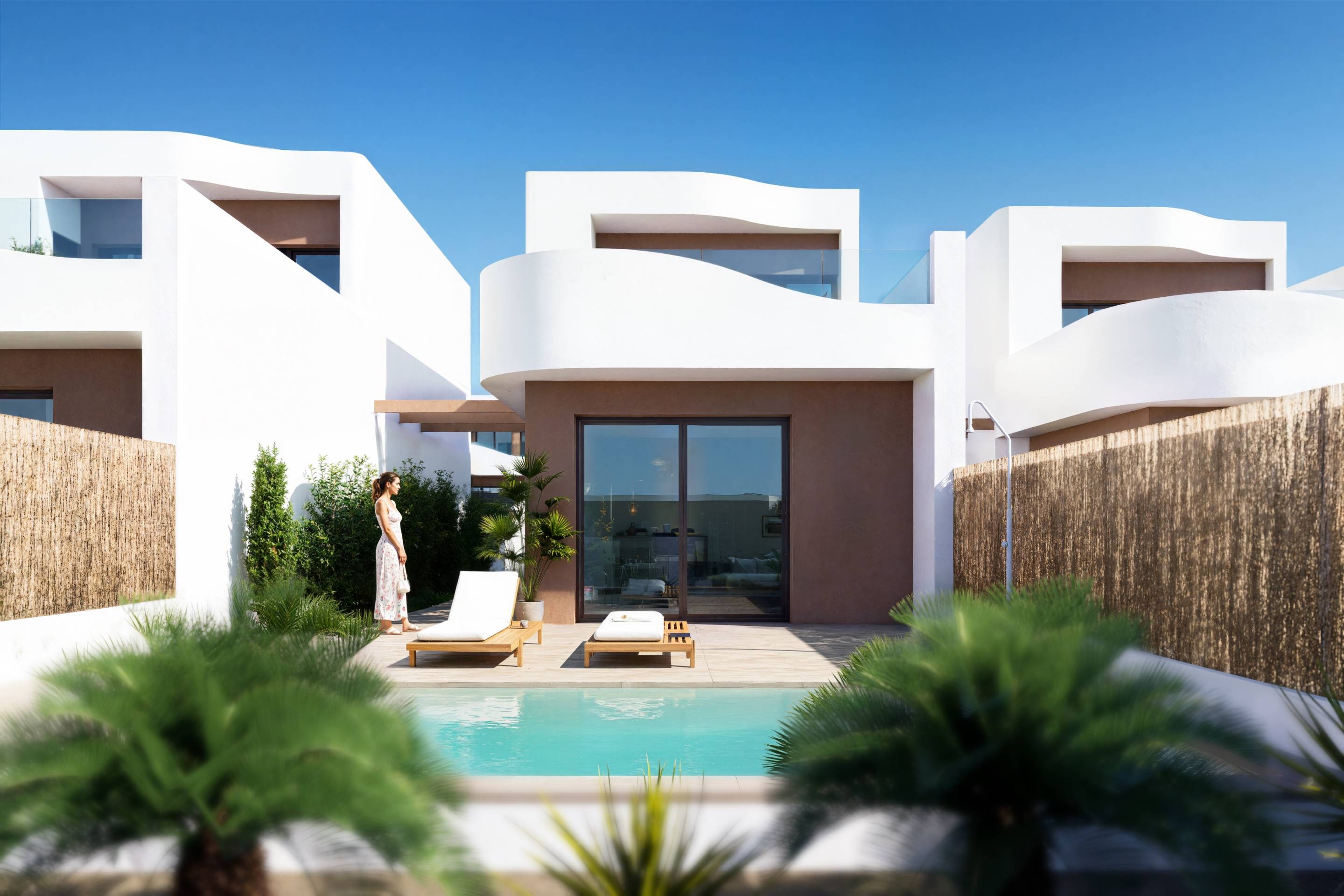 Side terrace and plot boundary of 3-bedroom new-build villa, Los Montesinos