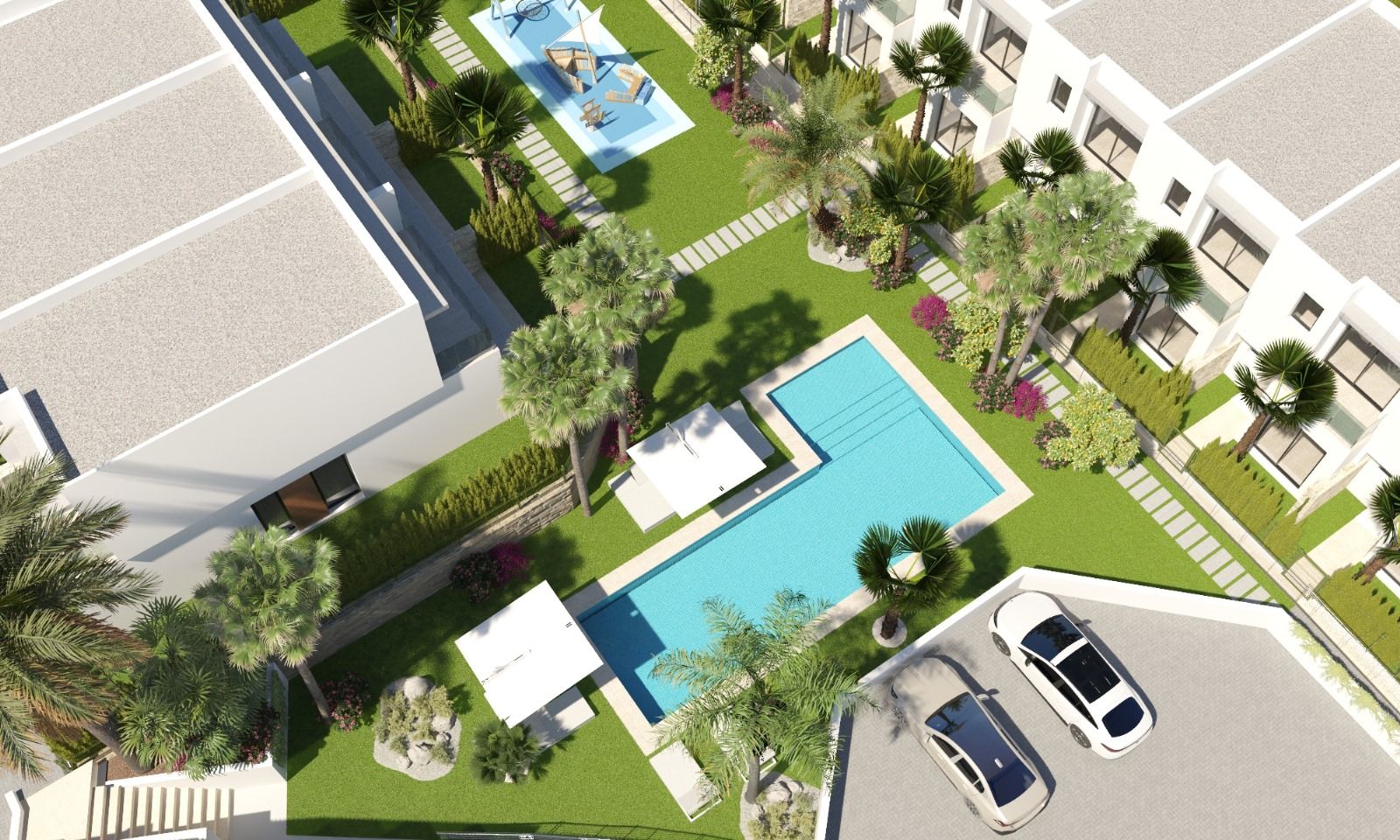 Exterior facade of new-build townhouse showing entrance and landscaping, Finestrat Hills