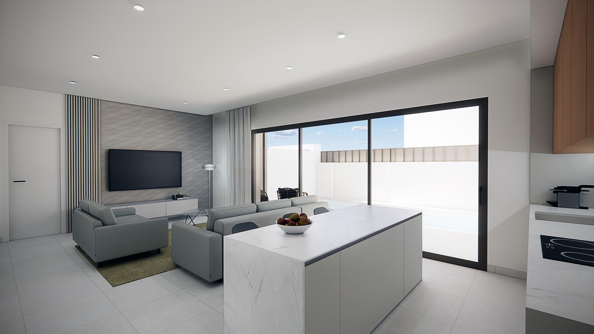 Bathroom with tiled walls and shower enclosure in new-build bungalow, Zona Pueblo