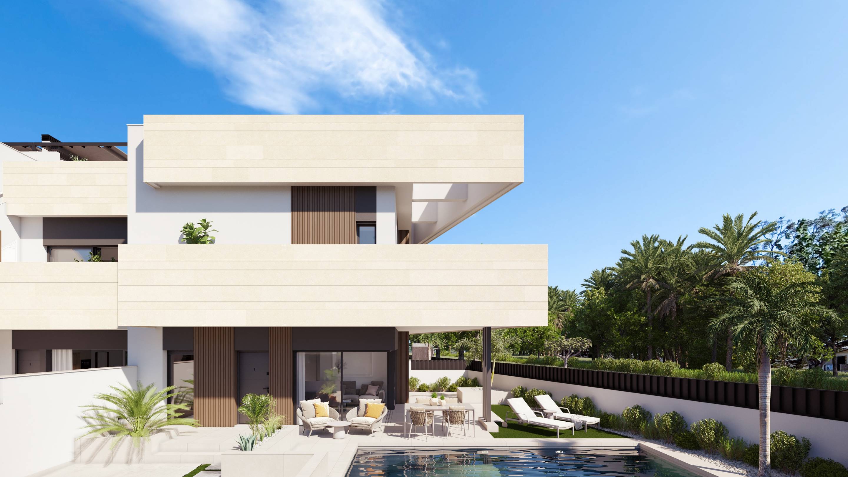Private pool and tiled surround of 3-bedroom new-build villa in Pilar De La Horadada