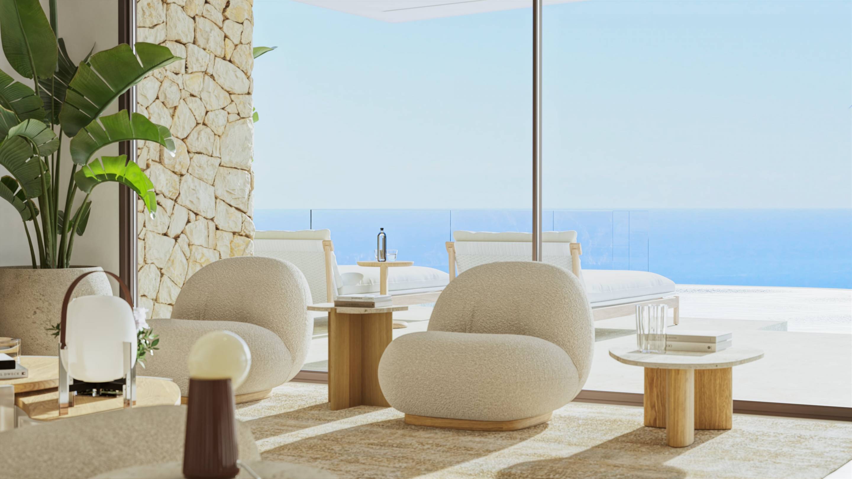 Covered terrace seating area in new-build villa, Cumbres del Sol, Benitachell