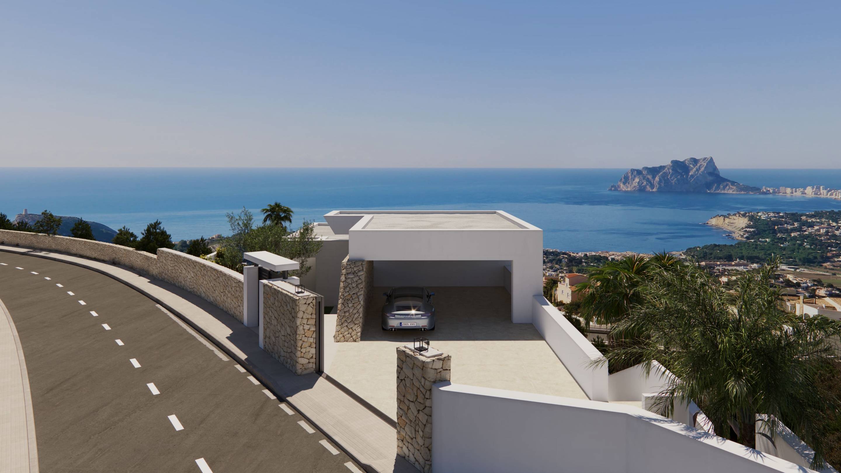Evening exterior view of new-build villa, Cumbres del Sol, Benitachell
