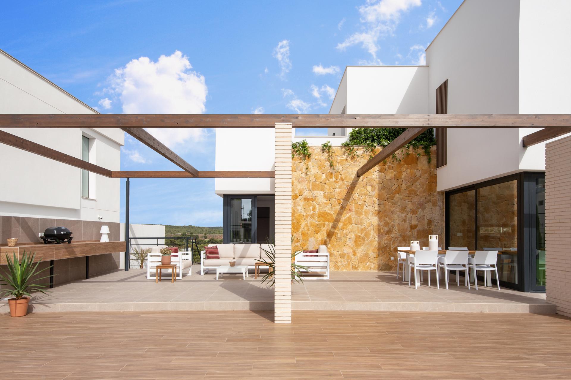 Evening exterior of new-build villa in Campoamor, Orihuela Costa