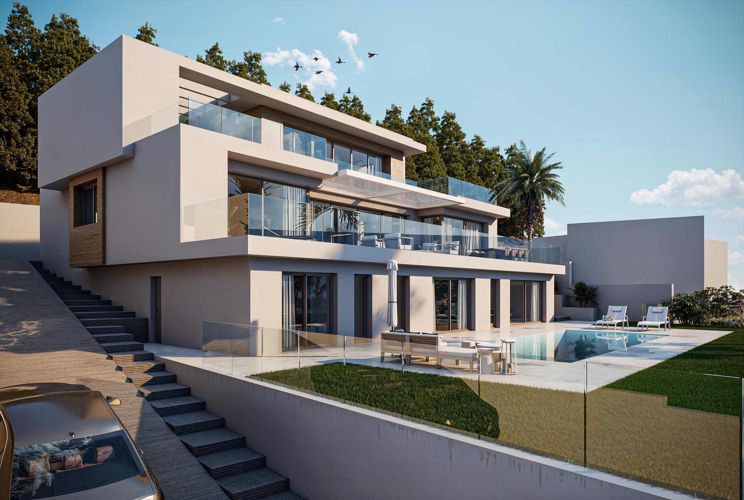 Master bedroom with full-width glazing in 4-bedroom new-build villa, Altea Hills