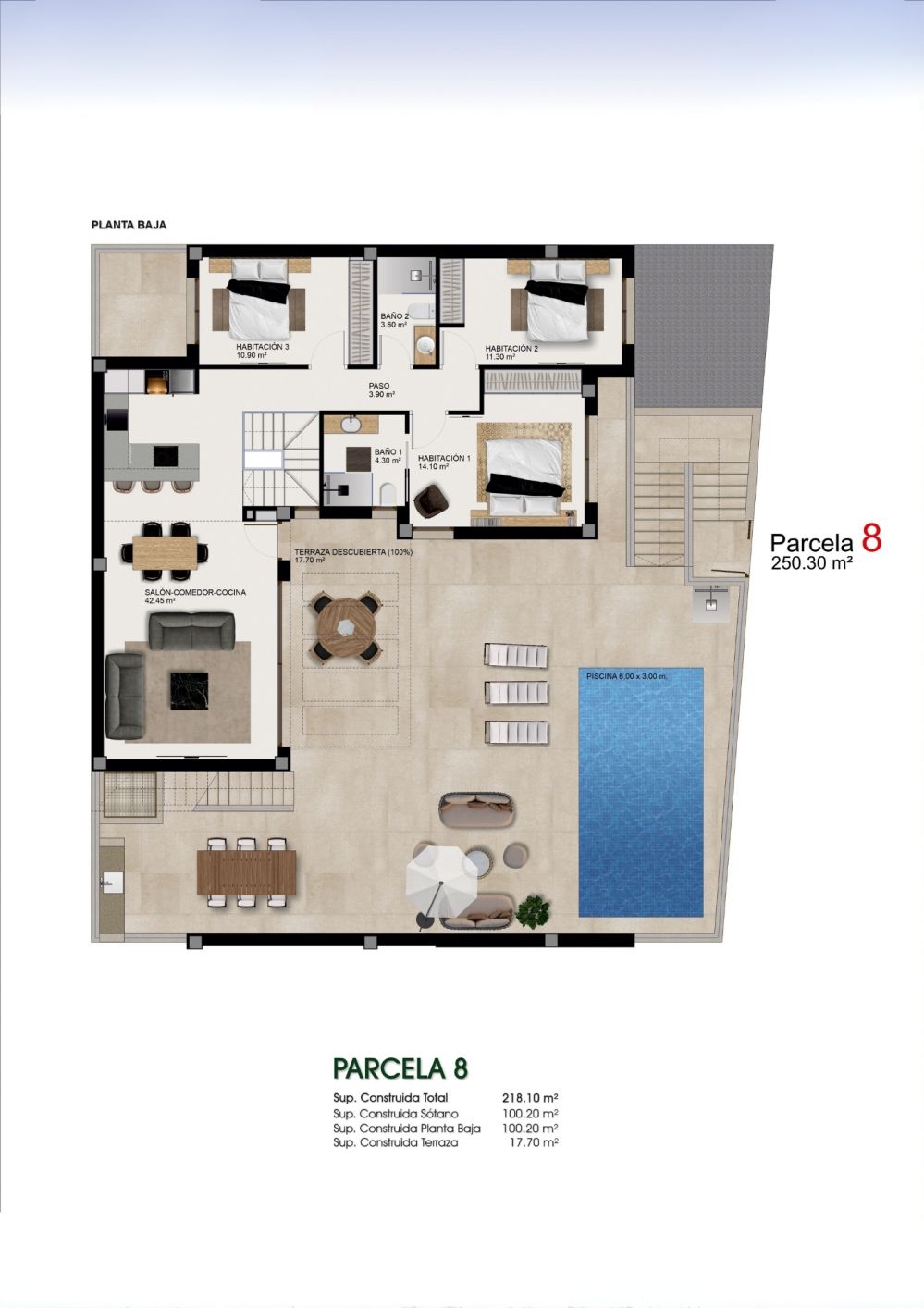 Plot plan showing 250m2 site boundary of new-build villa in Benijofar, Alicante