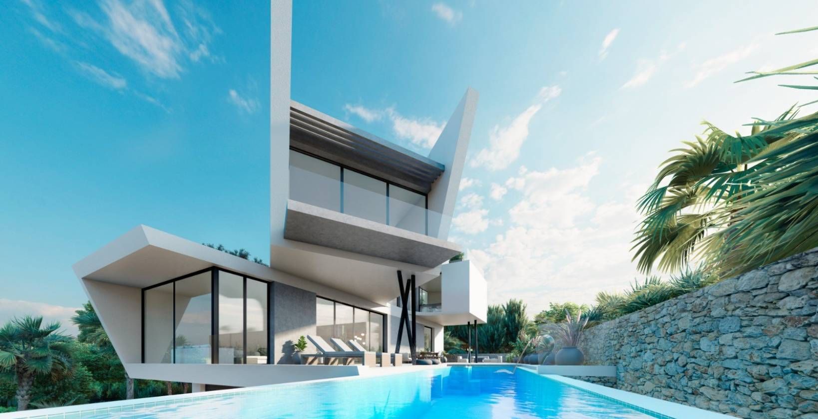 Rear exterior of 4-bedroom new-build villa in Campoamor, Orihuela Costa