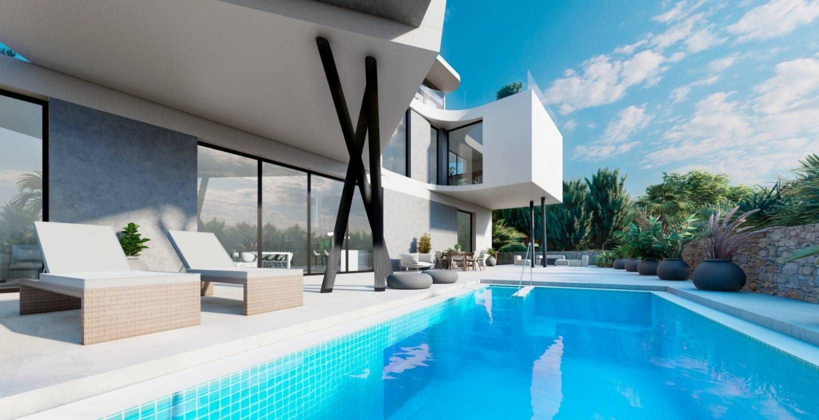 Street-level frontage of new-build villa for sale in Campoamor, Orihuela Costa