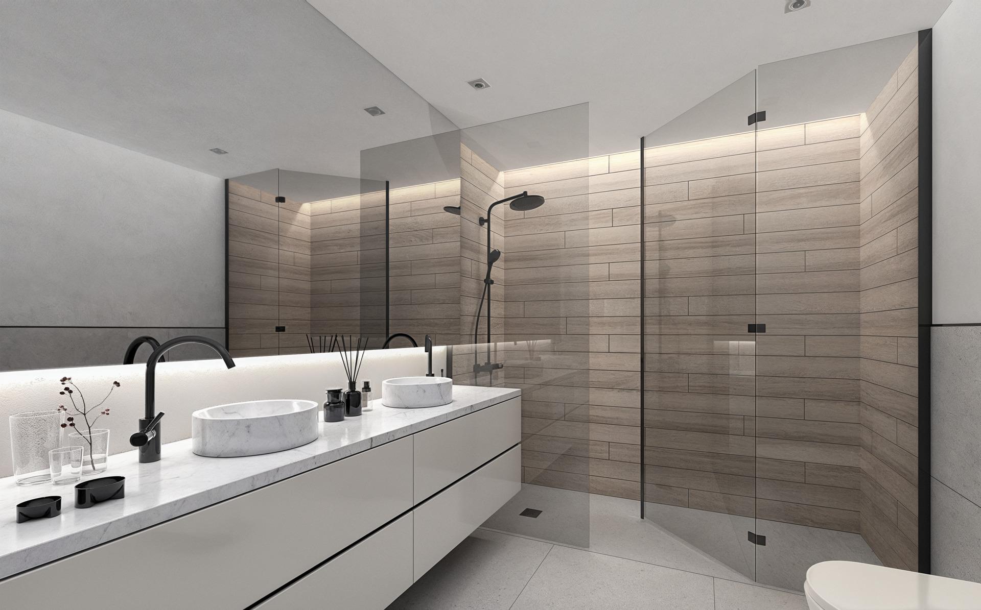 Shower enclosure in bathroom of new-build penthouse, El Castillo, Manilva