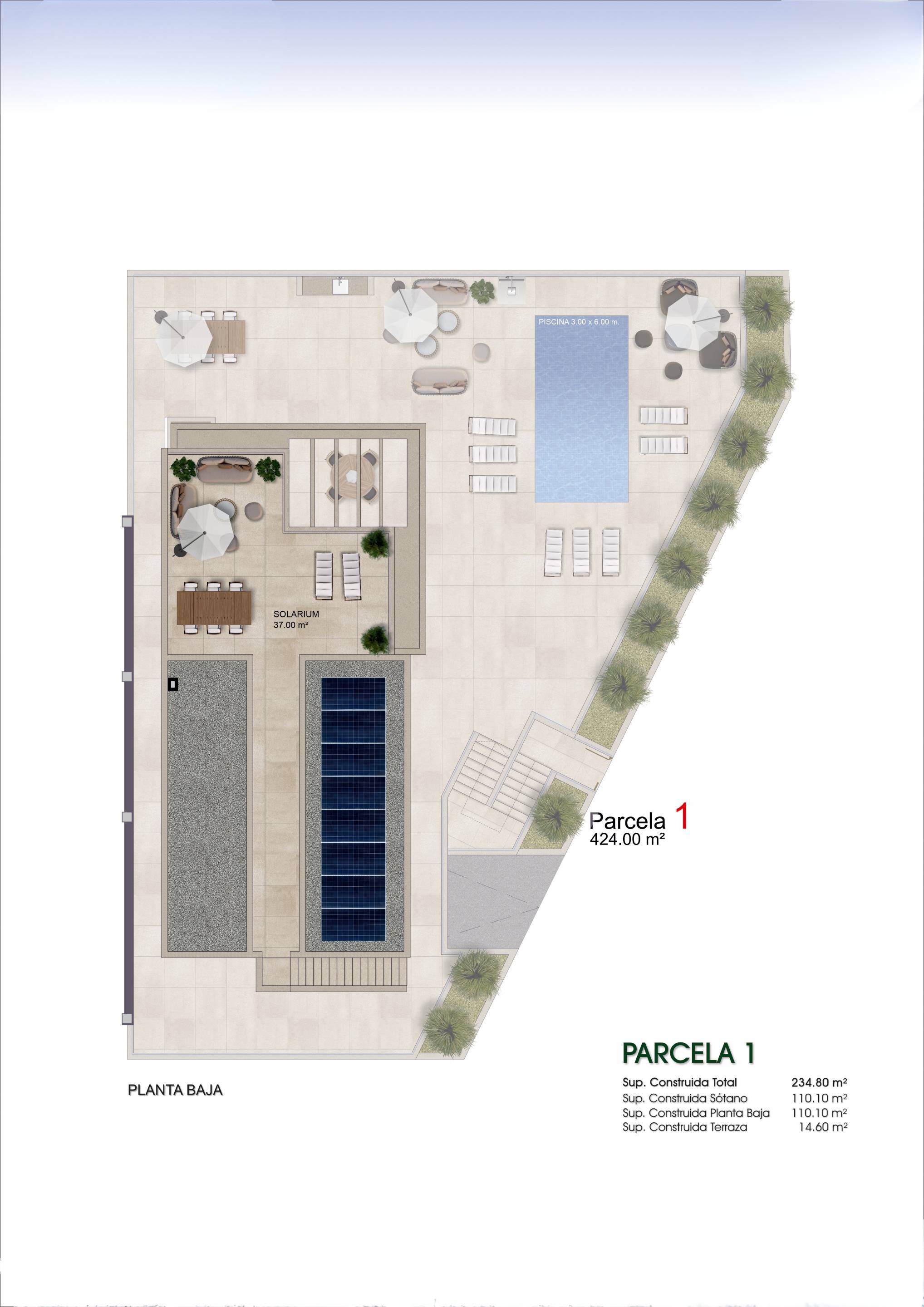 Site plan showing 424m2 plot layout for new-build villa in Centro de la Ciudad Quesada, Rojales