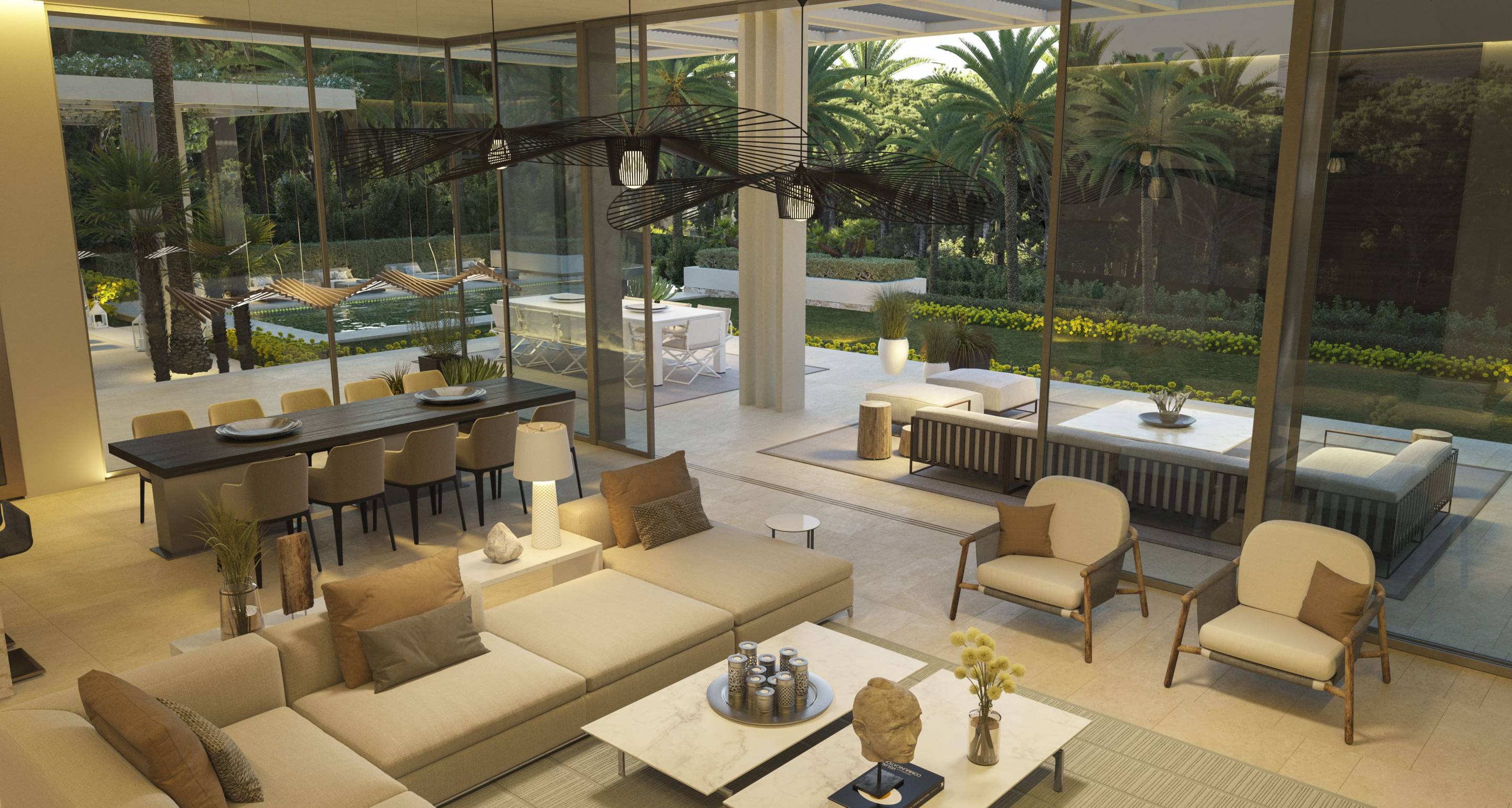Covered outdoor terrace with seating area in new-build villa, Las Brisas, Marbella