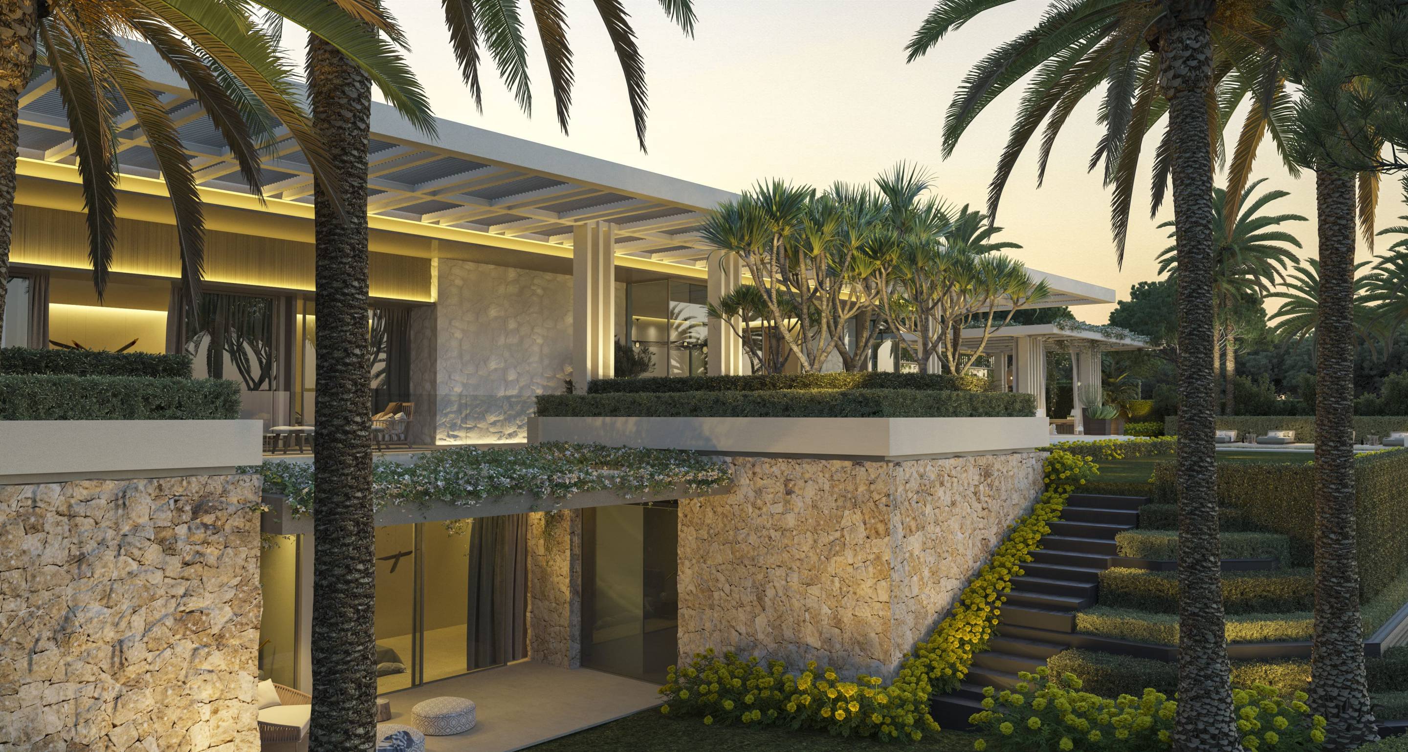 Aerial view showing full 2,000 m2 plot and roof of new-build villa, Las Brisas, Marbella