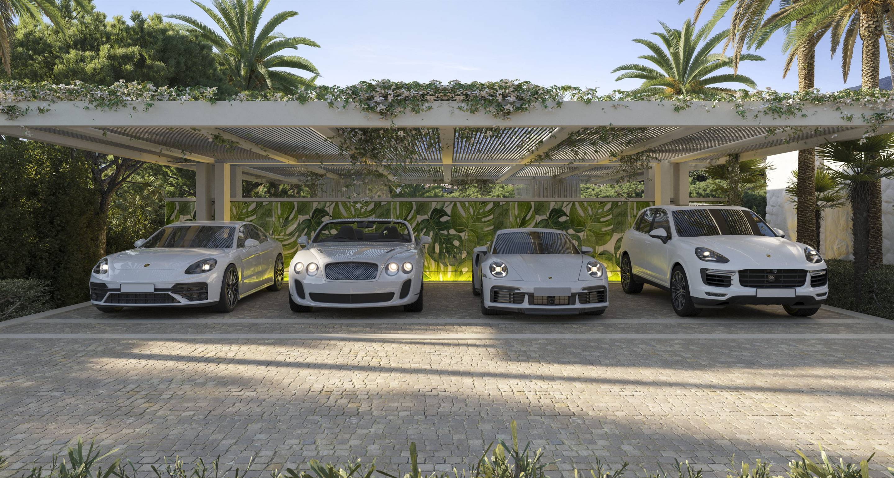 Street-level view of entrance to new-build villa in Las Brisas residential area, Marbella