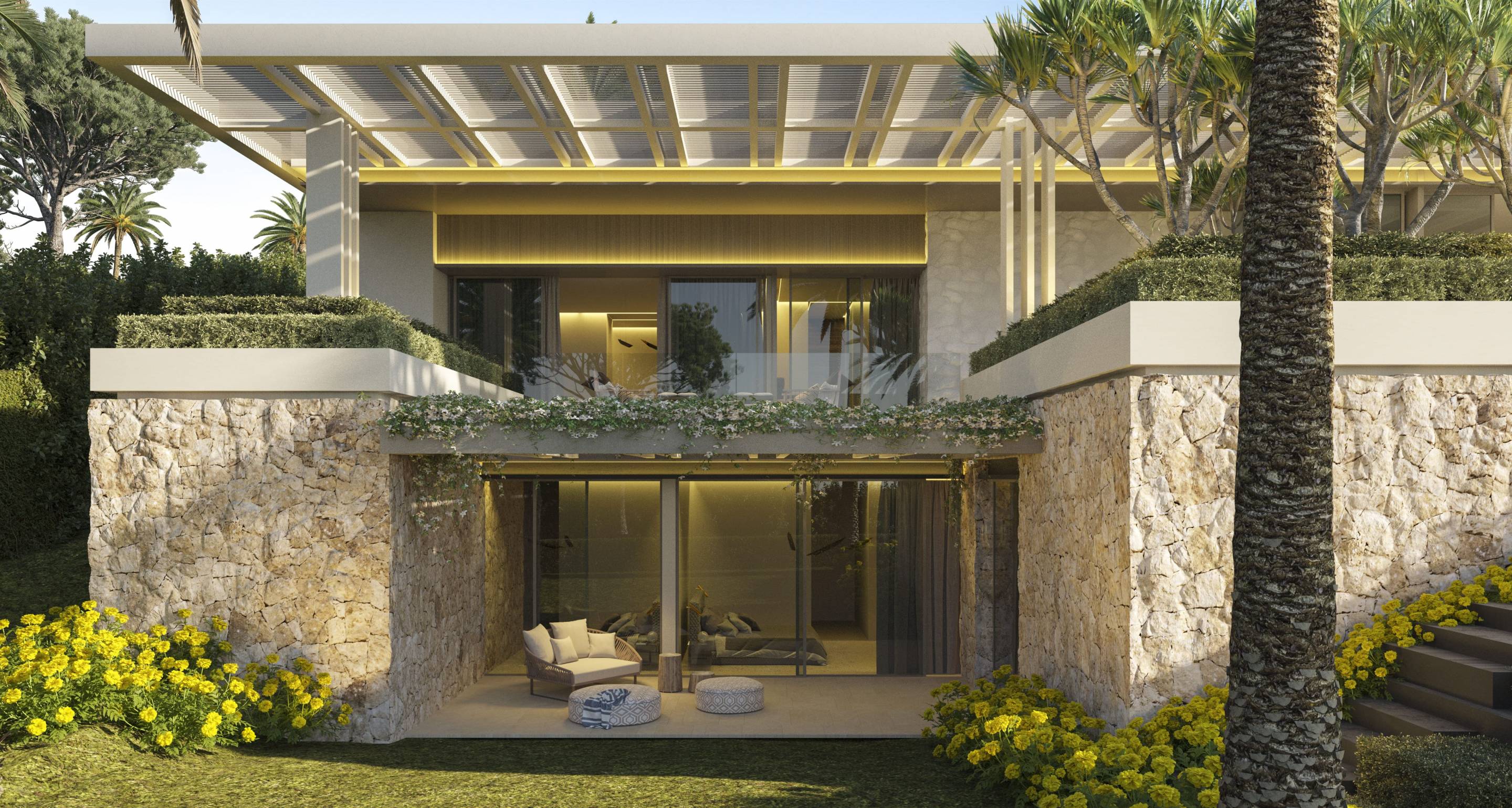 Open-plan living and dining area with large windows in new-build villa, Las Brisas, Marbella