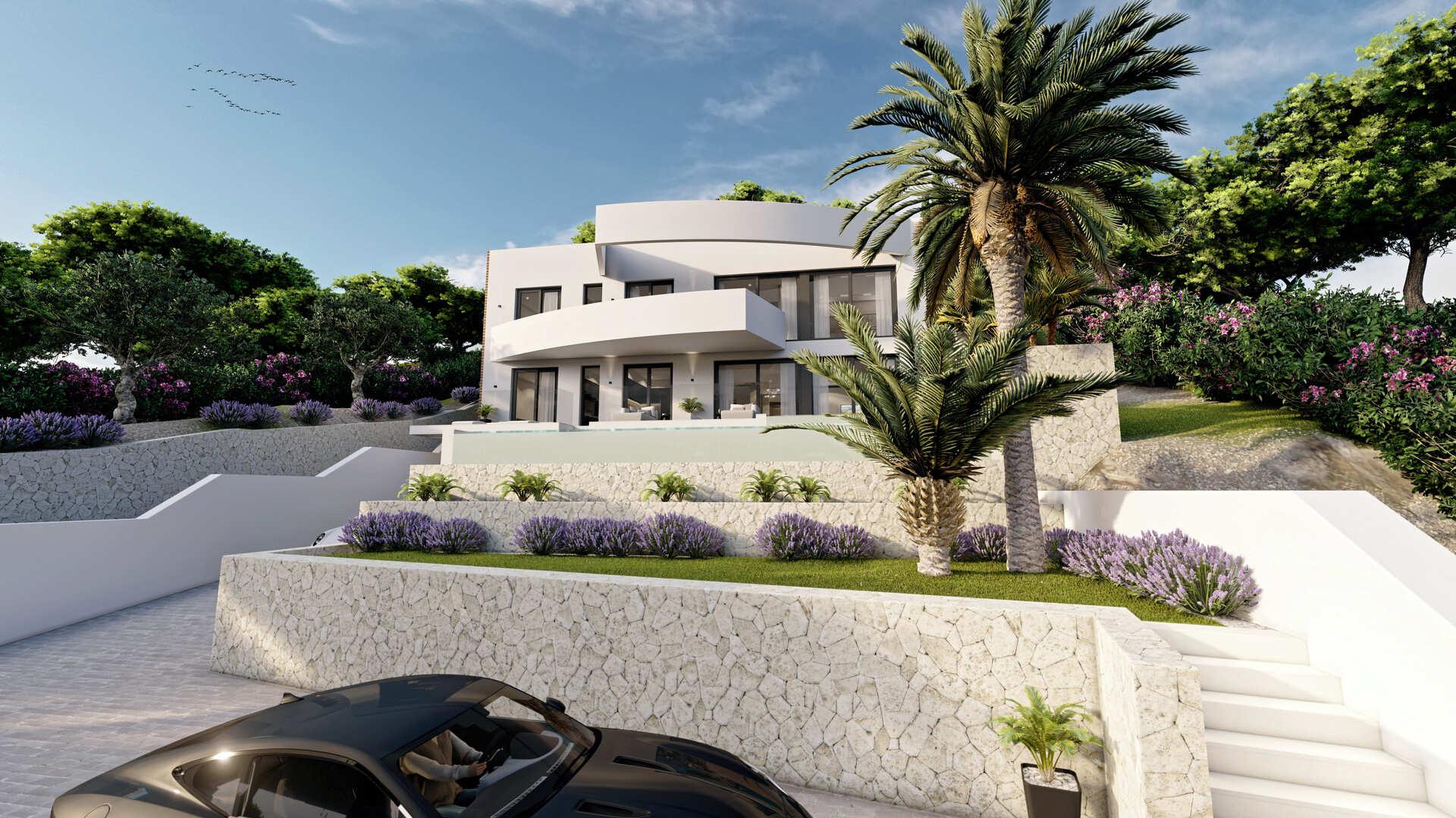 Covered terrace with outdoor seating area at new-build villa, Altea la Vella, Altea