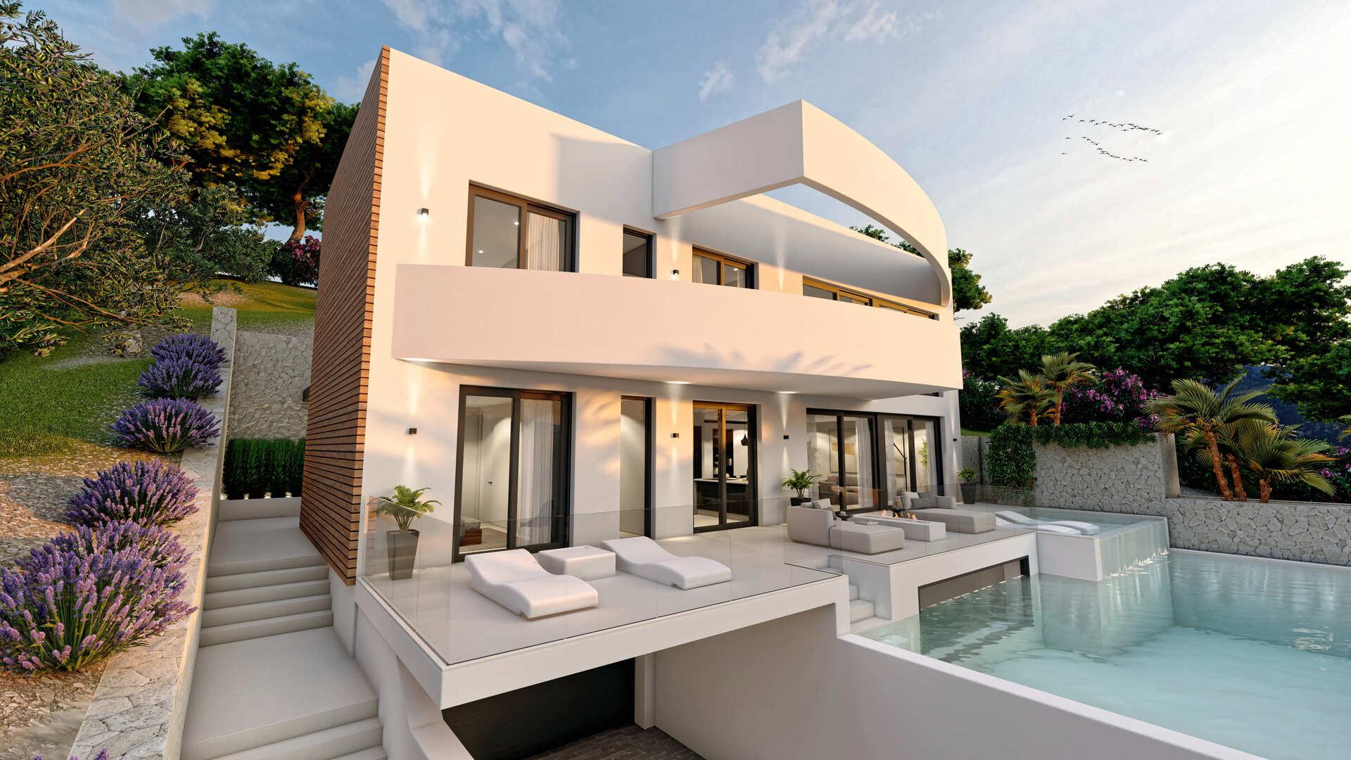 Front facade of new-build villa in Altea la Vella, Altea, showing entrance and landscaping