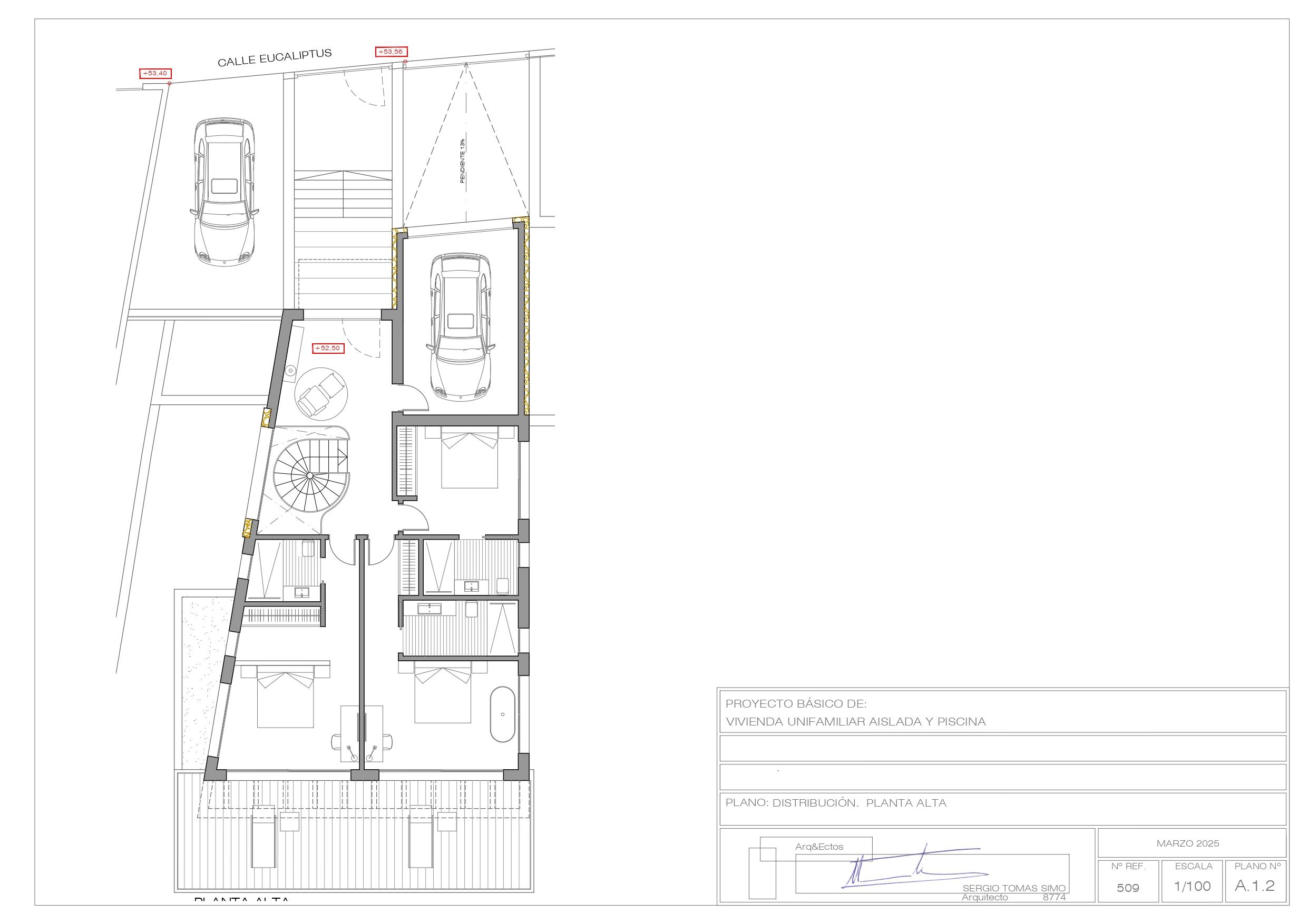 Roof and elevation drawing of single-storey new-build villa, Pinar de Advocat-Cometa, Moraira