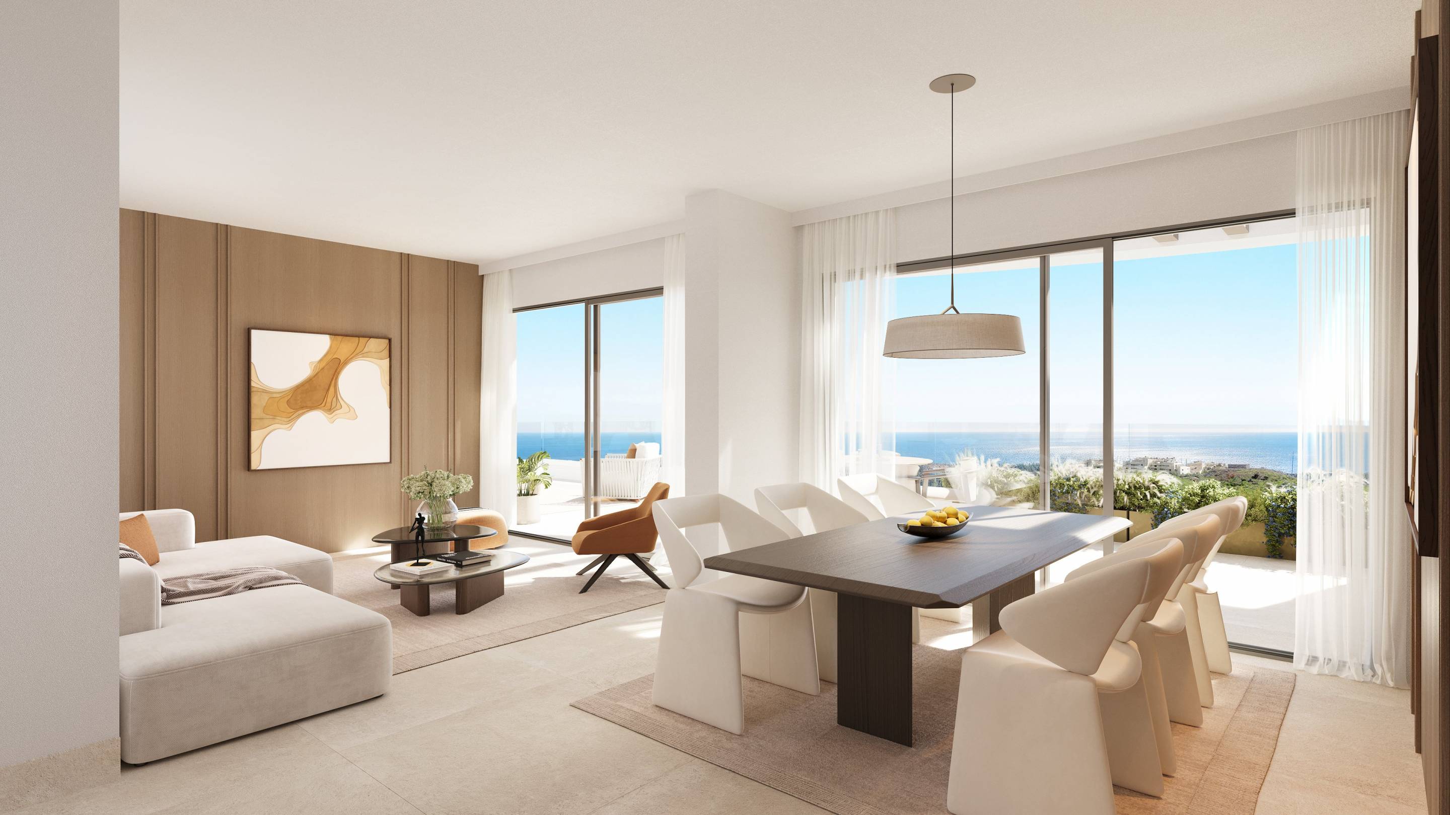Pool terrace with sun lounger area in new-build development, Cerros del Águila, Mijas