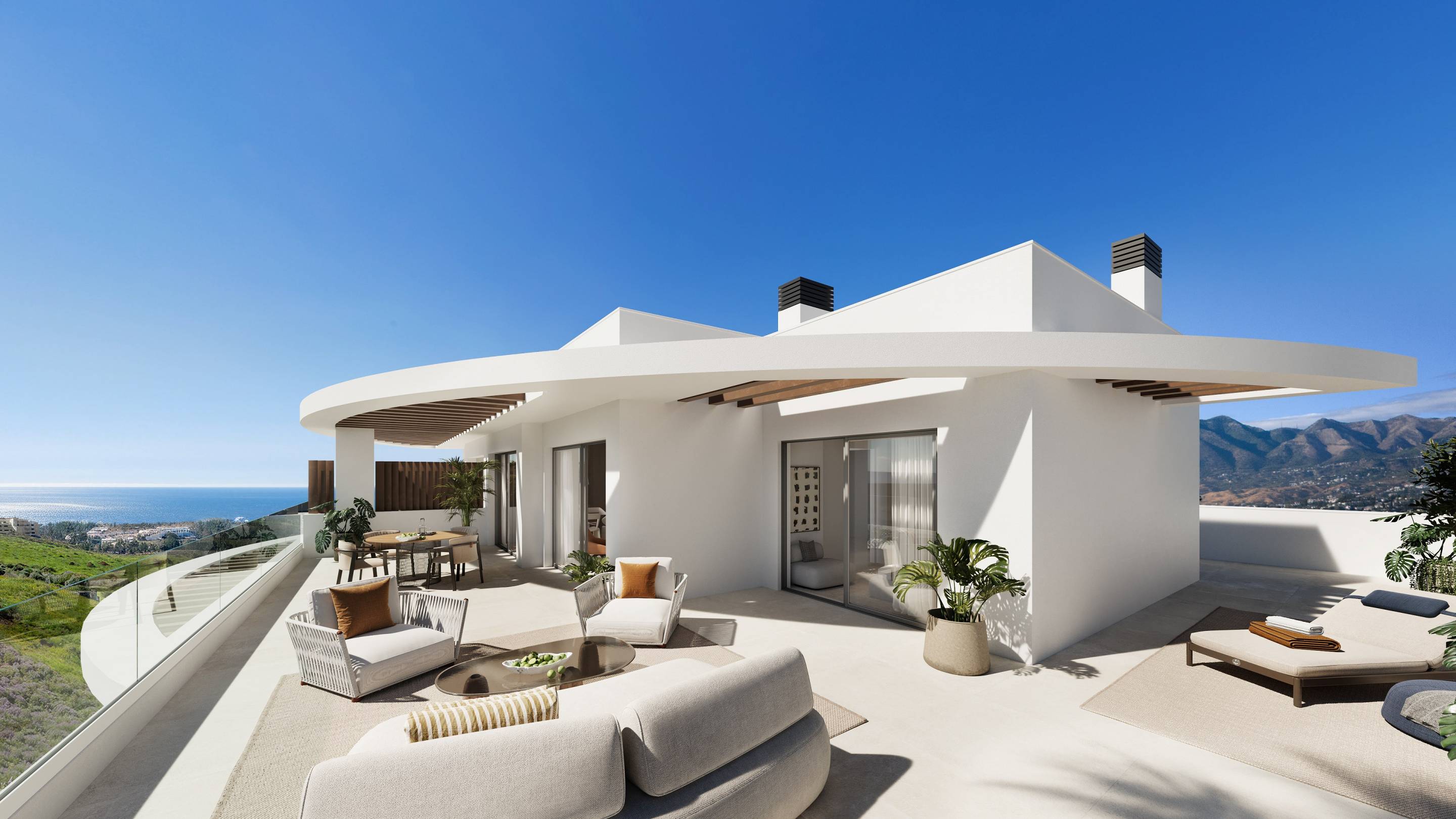Overview of new-build apartment complex from outside, Cerros del Águila, Mijas