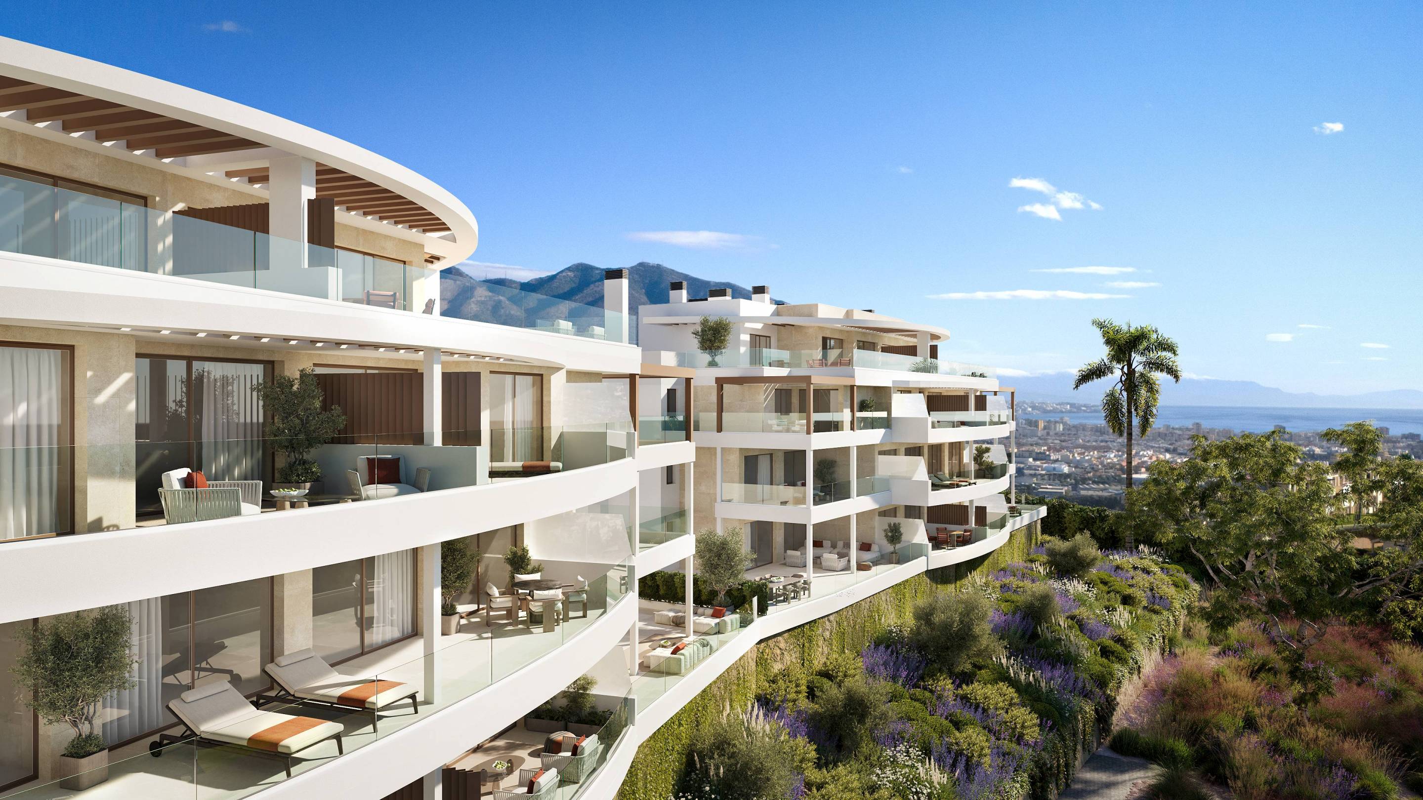 Kitchen with fitted units and worktop in new-build apartment, Cerros del Águila, Mijas