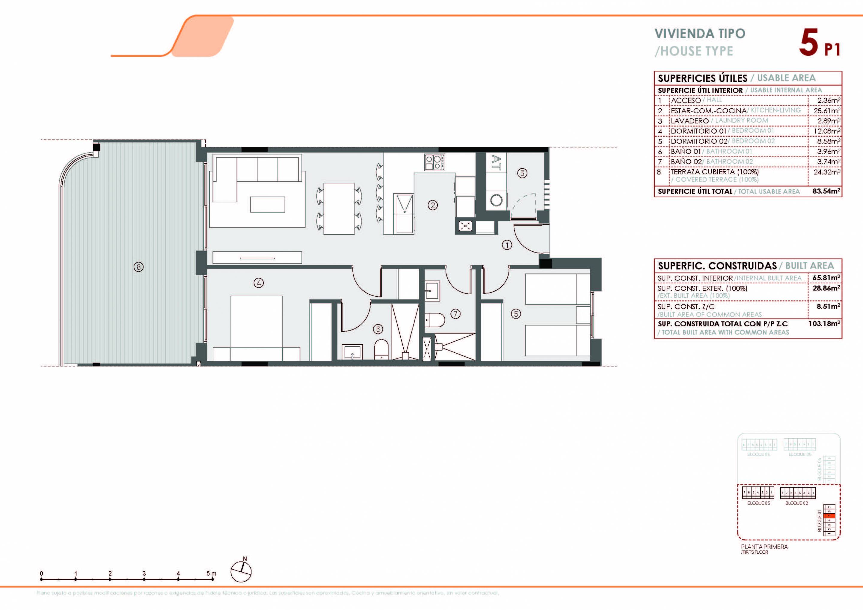 Floor plan of 2-bedroom ground-floor apartment, El Limonar, Torrevieja