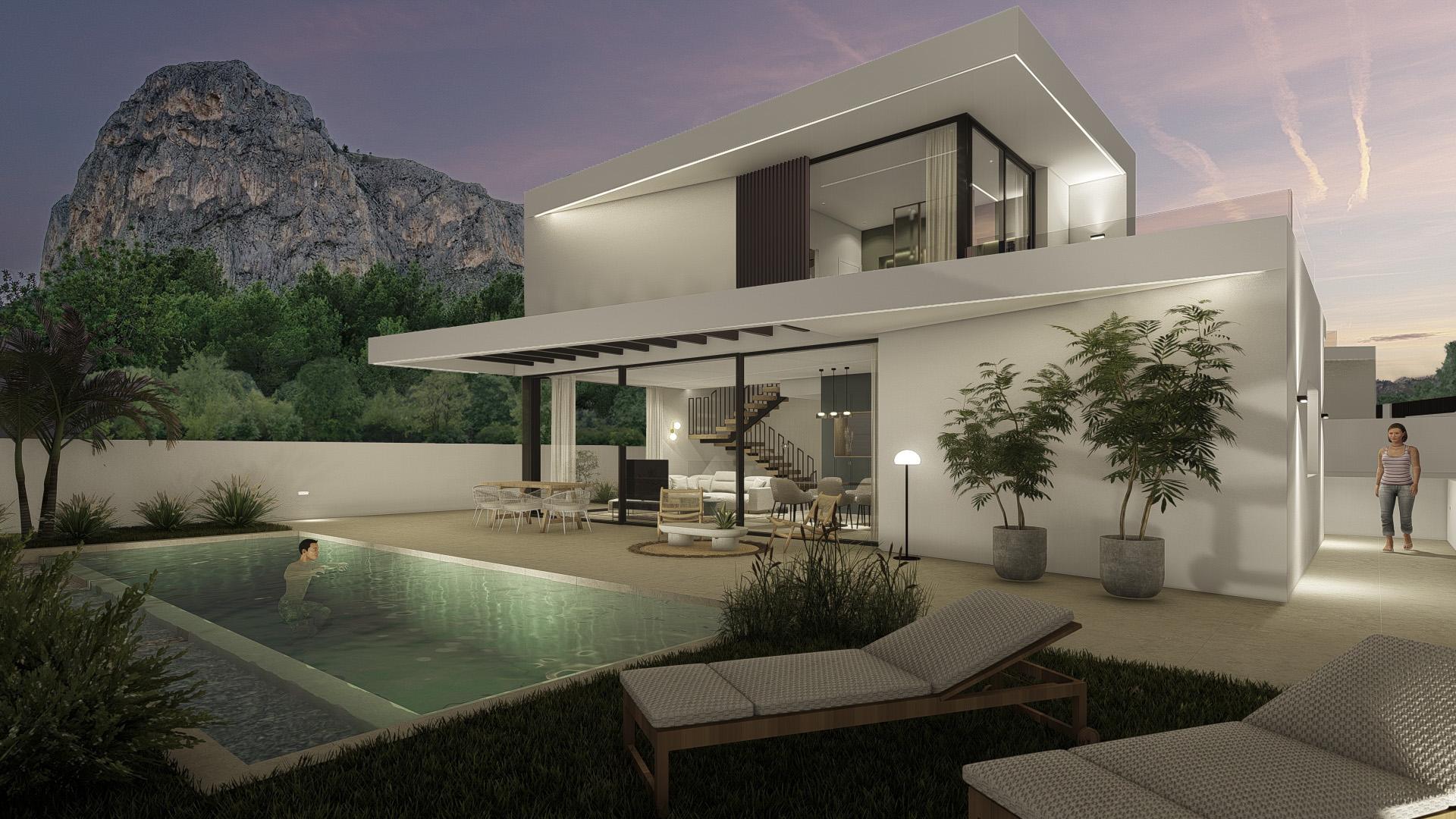 Side elevation of villa showing exterior finish and plot boundary, Pla de Cantal