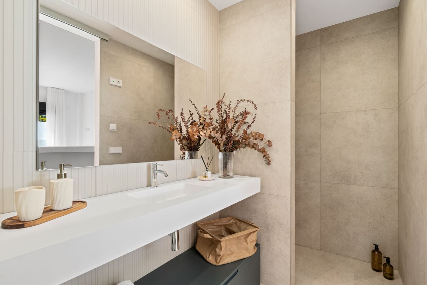 Walk-in shower enclosure with tiled surround, villa in Pla de Cantal
